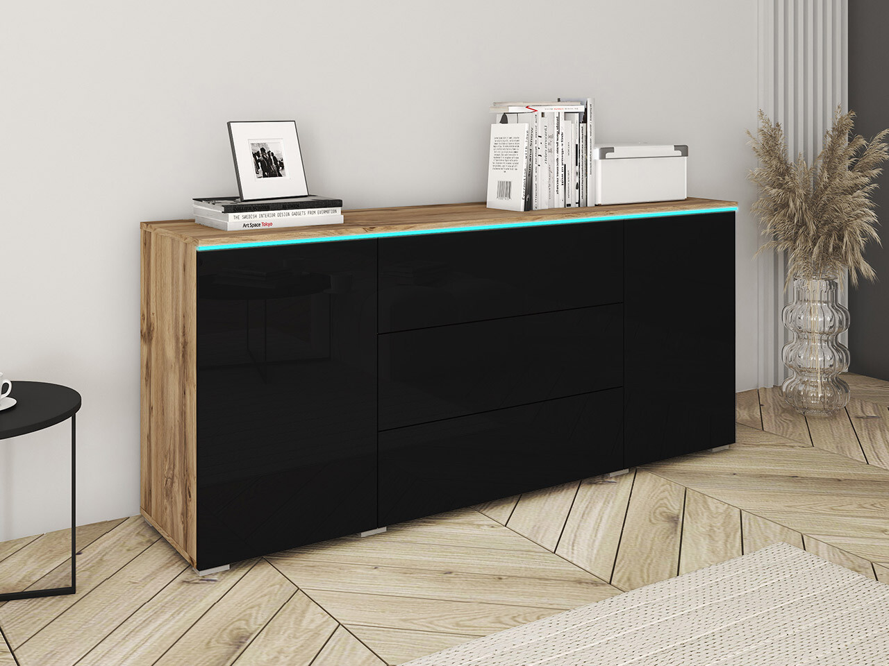 Komoda Sarasota 142 (Wotan hrast + Sjajno crna)