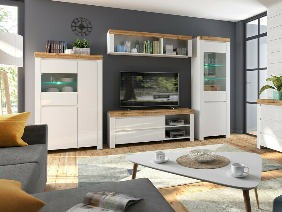 Zidna polica Sonsoru 109 (Bijela + Sjajno bijela + Hrast Wotan)