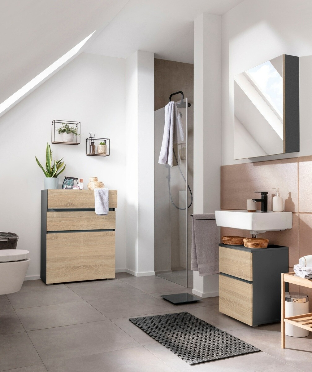 Samostojeći kupaonski ormarić za umivaonik Soncamu 103 (Antracit + Hrast)