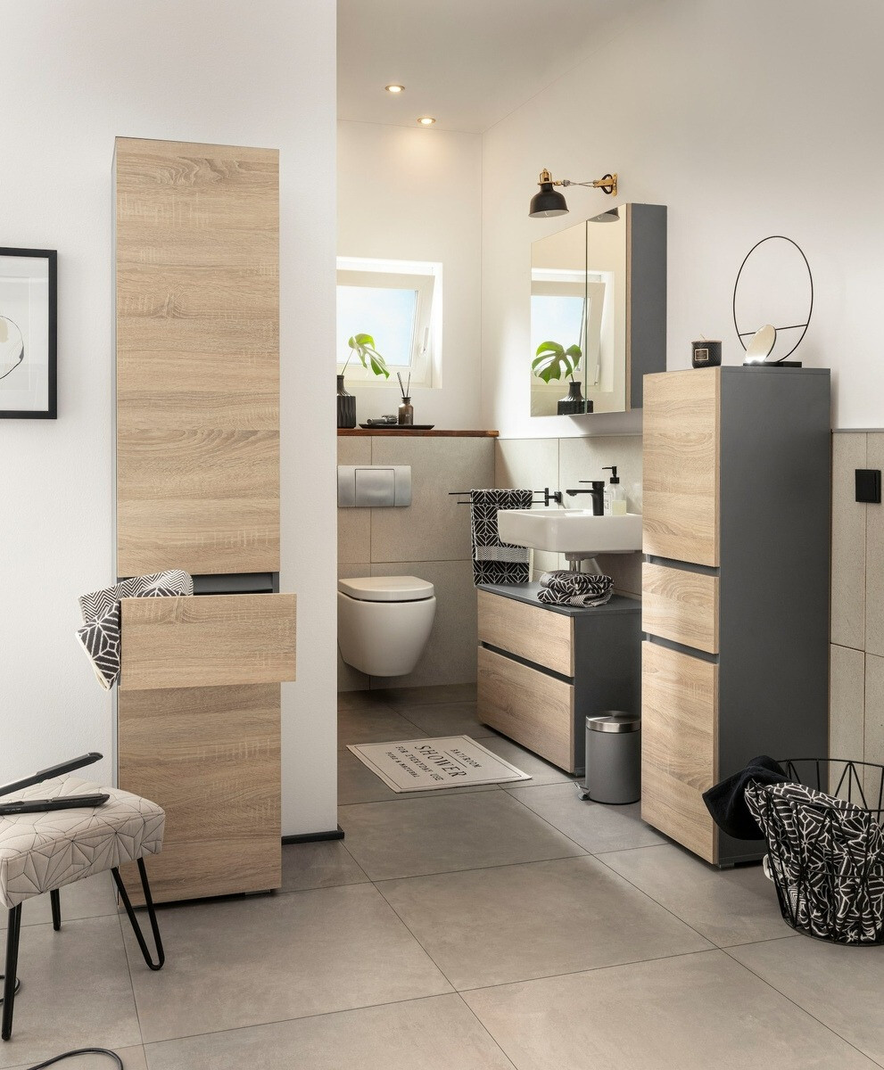 Samostojeći kupaonski ormarić za umivaonik Soncamu 109 (Antracit + Hrast)