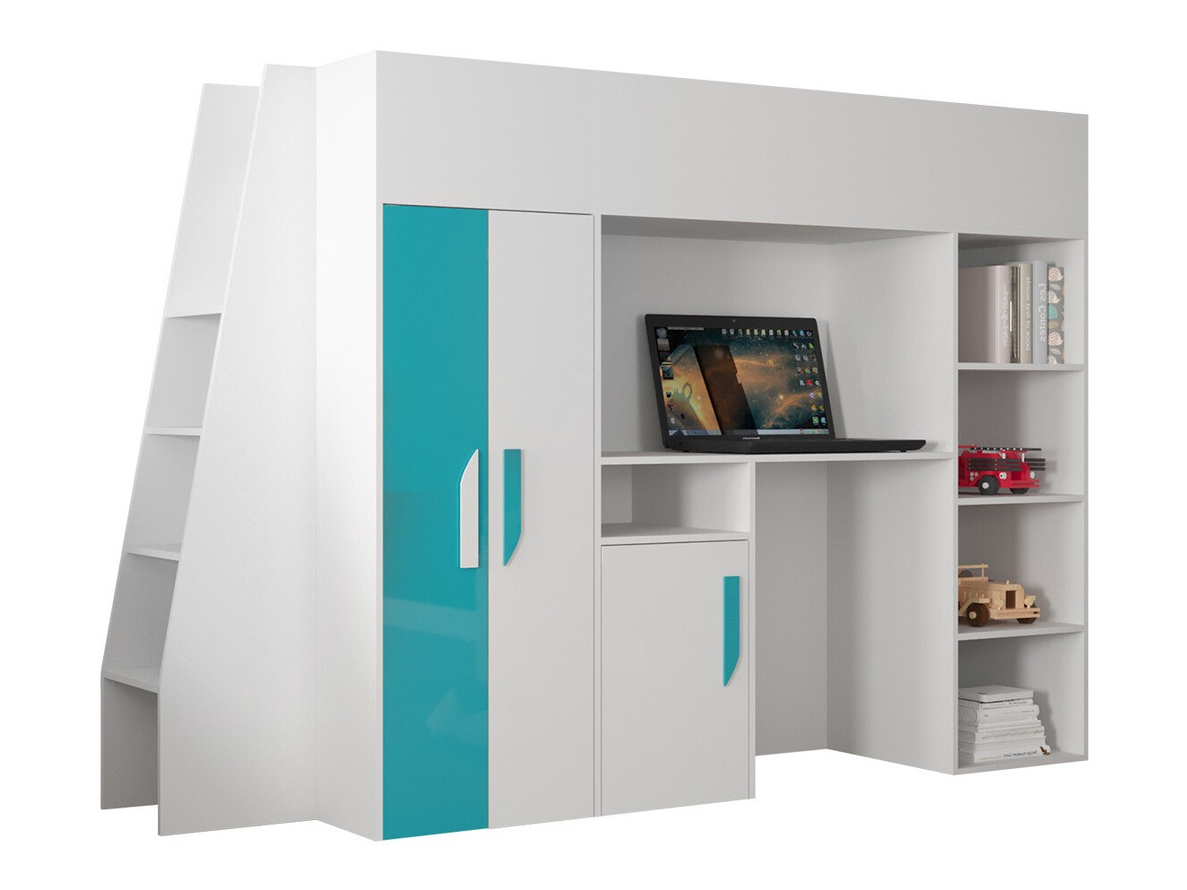 Krevet na platformi Hartford 355 (Bijela + Sjajni Tirkizna + Sjajno bijela)