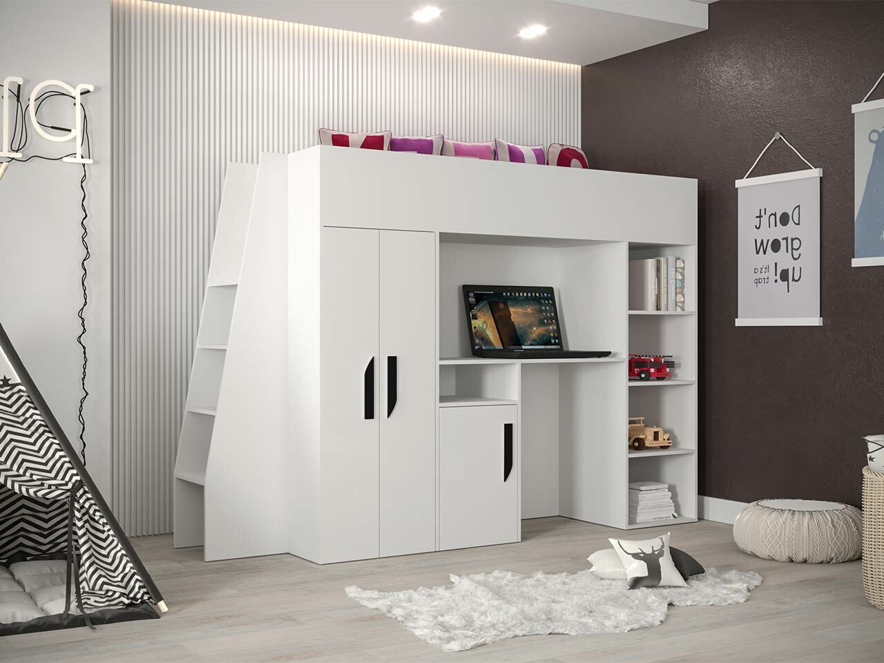 Krevet na platformi Hartford 355 (Bijela + Sjajno bijela + Crna)