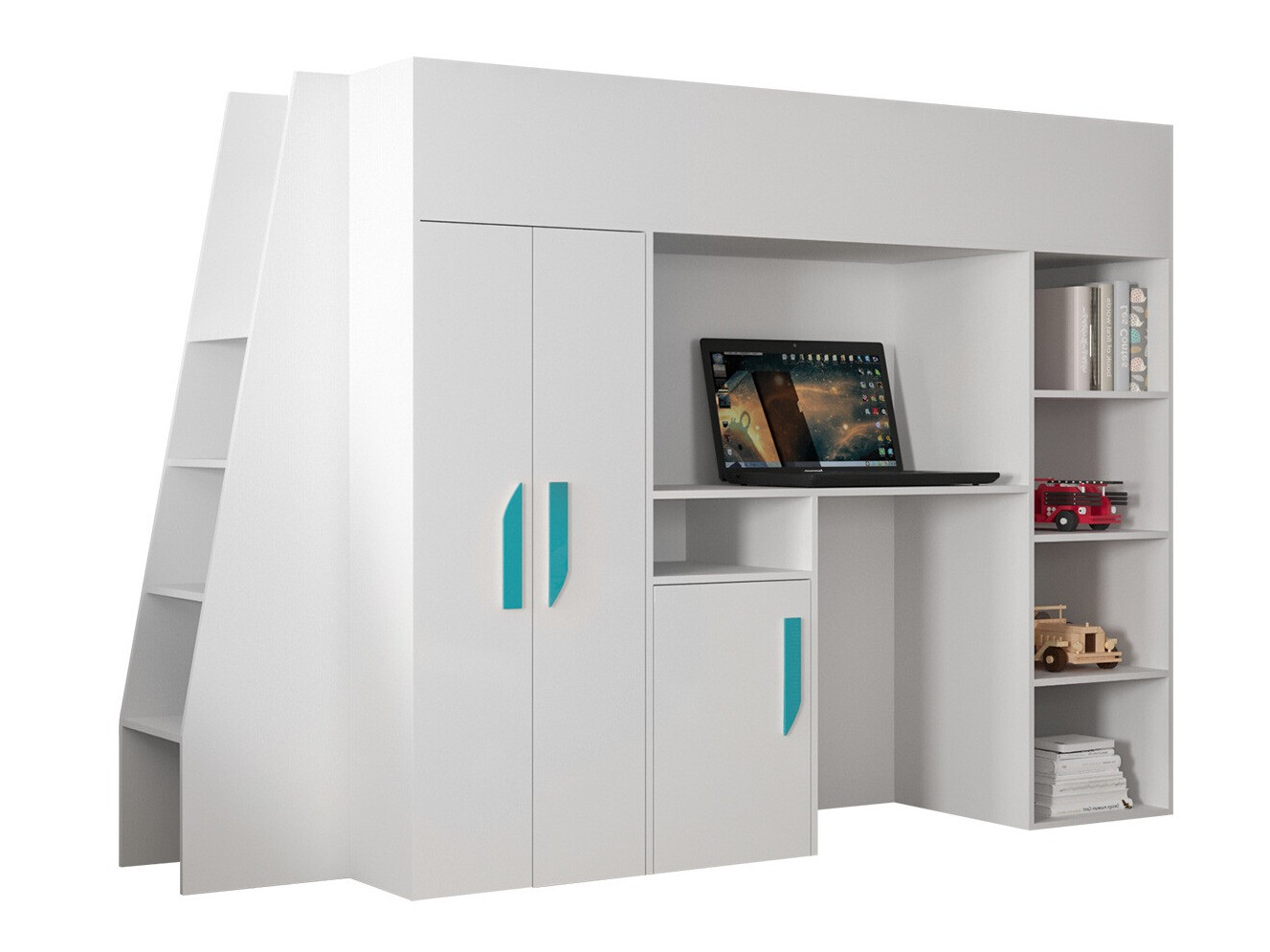 Krevet na platformi Hartford 355 (Bijela + Sjajno bijela + Tirkizna)