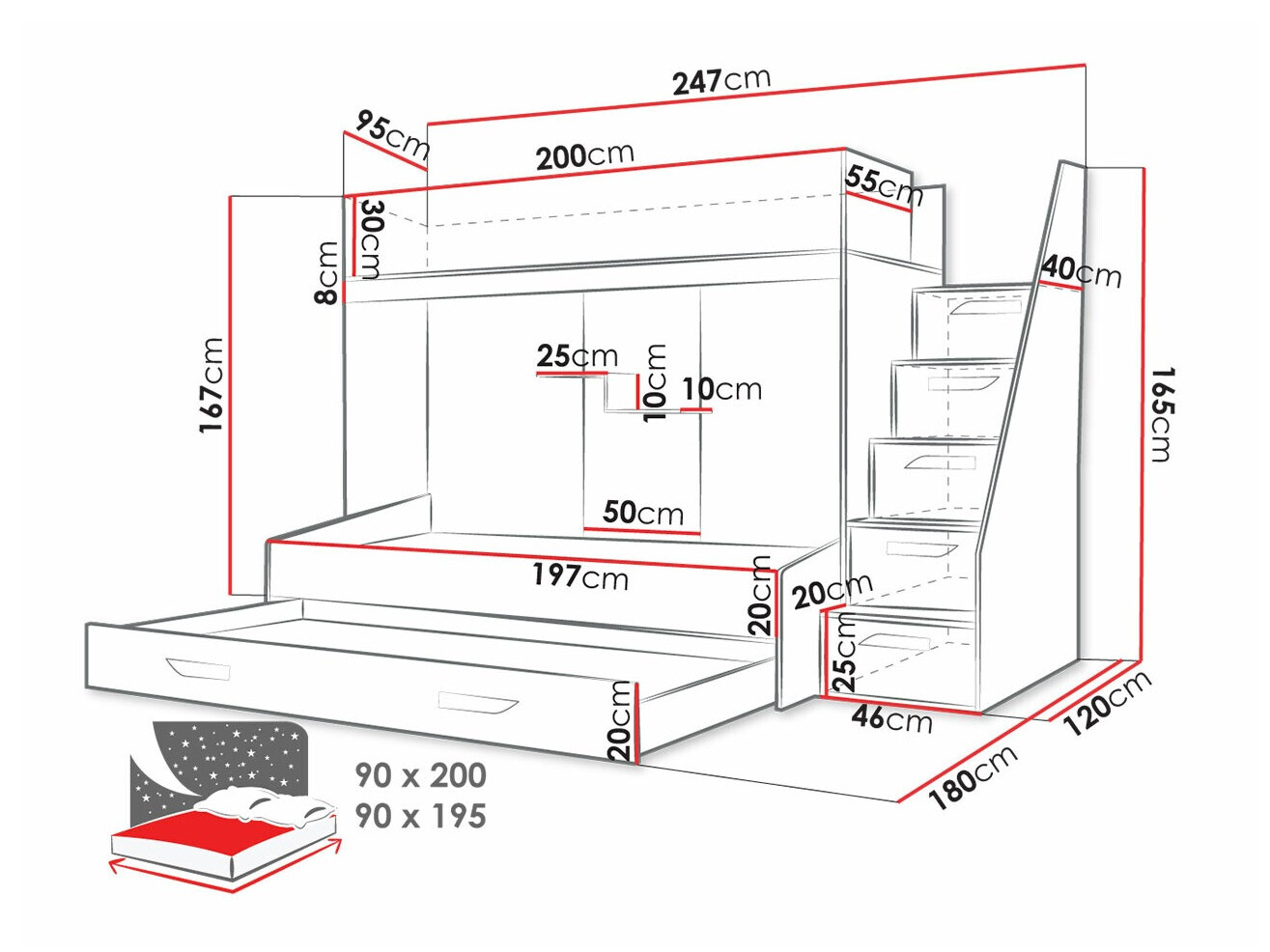 Dvokatan krevet Hartford 356 (Bijela + Sjaj Tirkiz + Sjajno bijela)