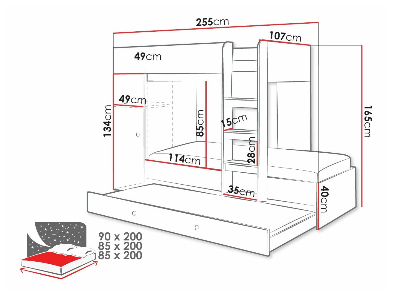 Dvokatan krevet Hartford 360 (Artisan hrast + Crna)