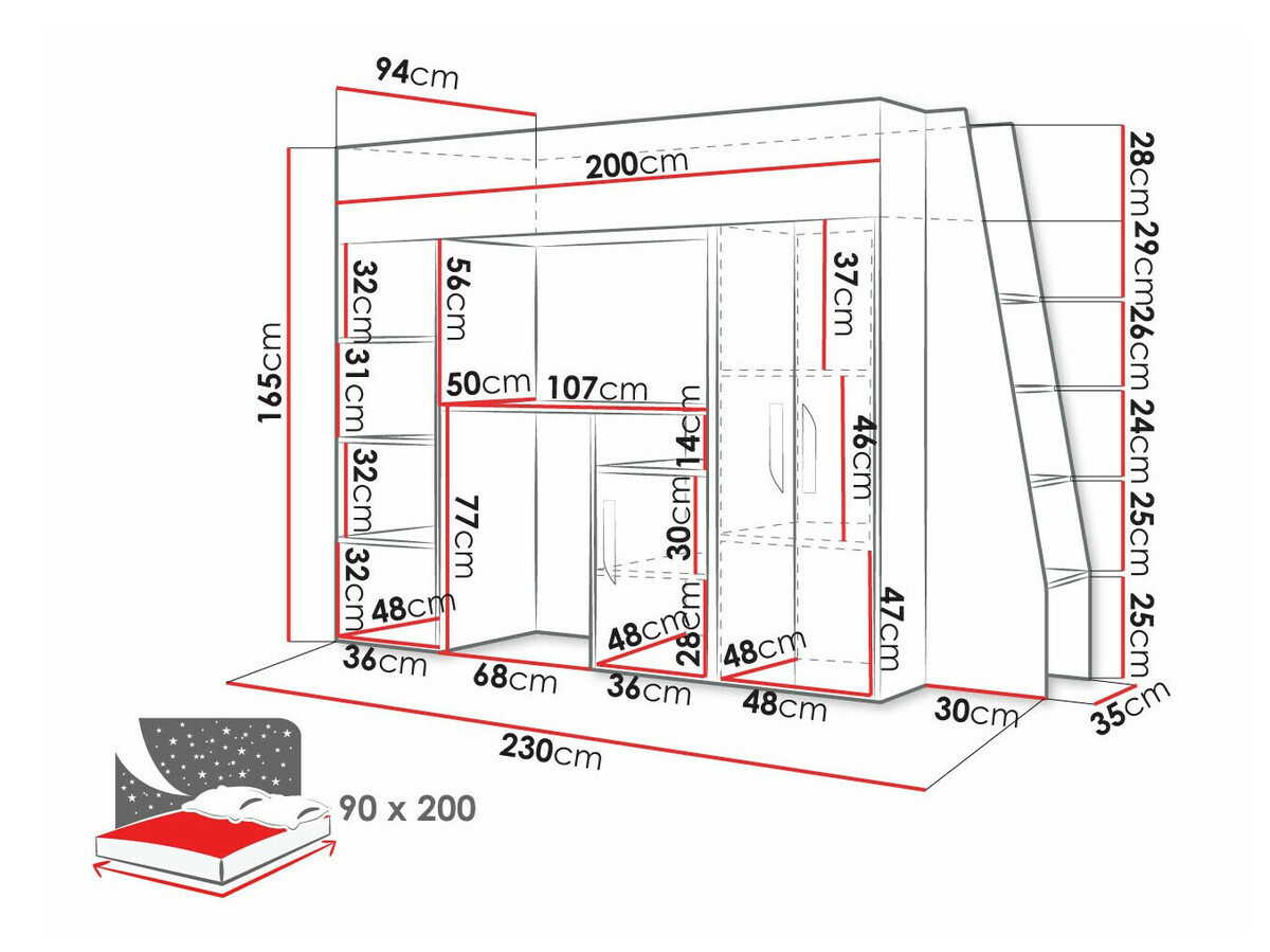 Krevet na platformi Hartford 355 (Bijela + Sjajno bijela + Crna)