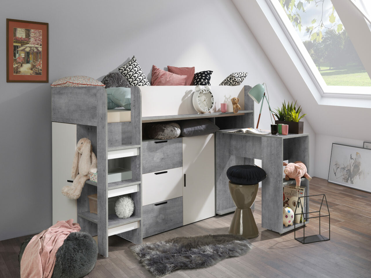 Krevet na platformi Hartford 363 (Boja betona + Bijela)