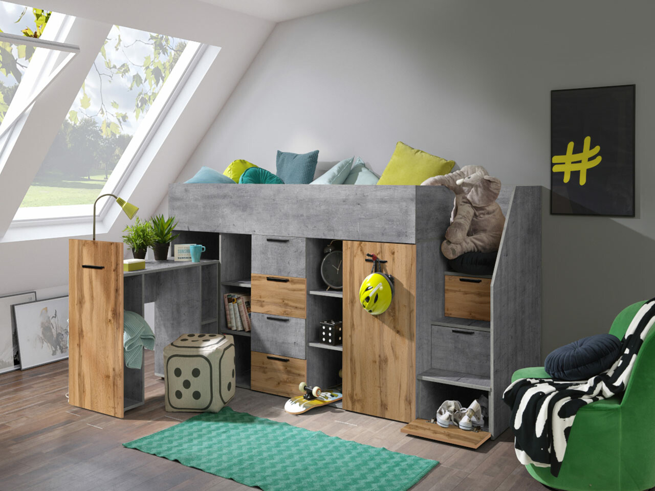 Krevet na platformi Hartford 364 (Boja betona + Hrast Wotan)