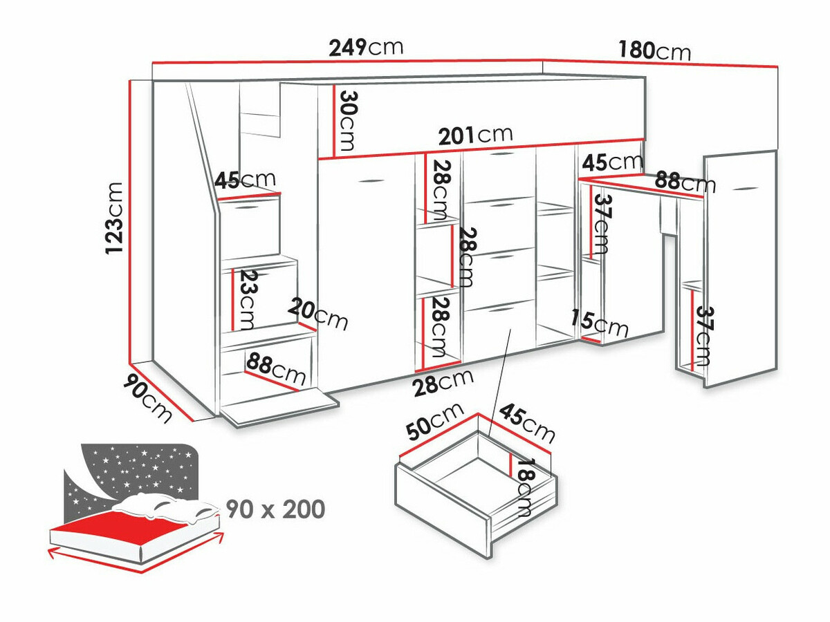 Krevet na platformi Hartford 364 (Boja betona + Hrast Wotan)