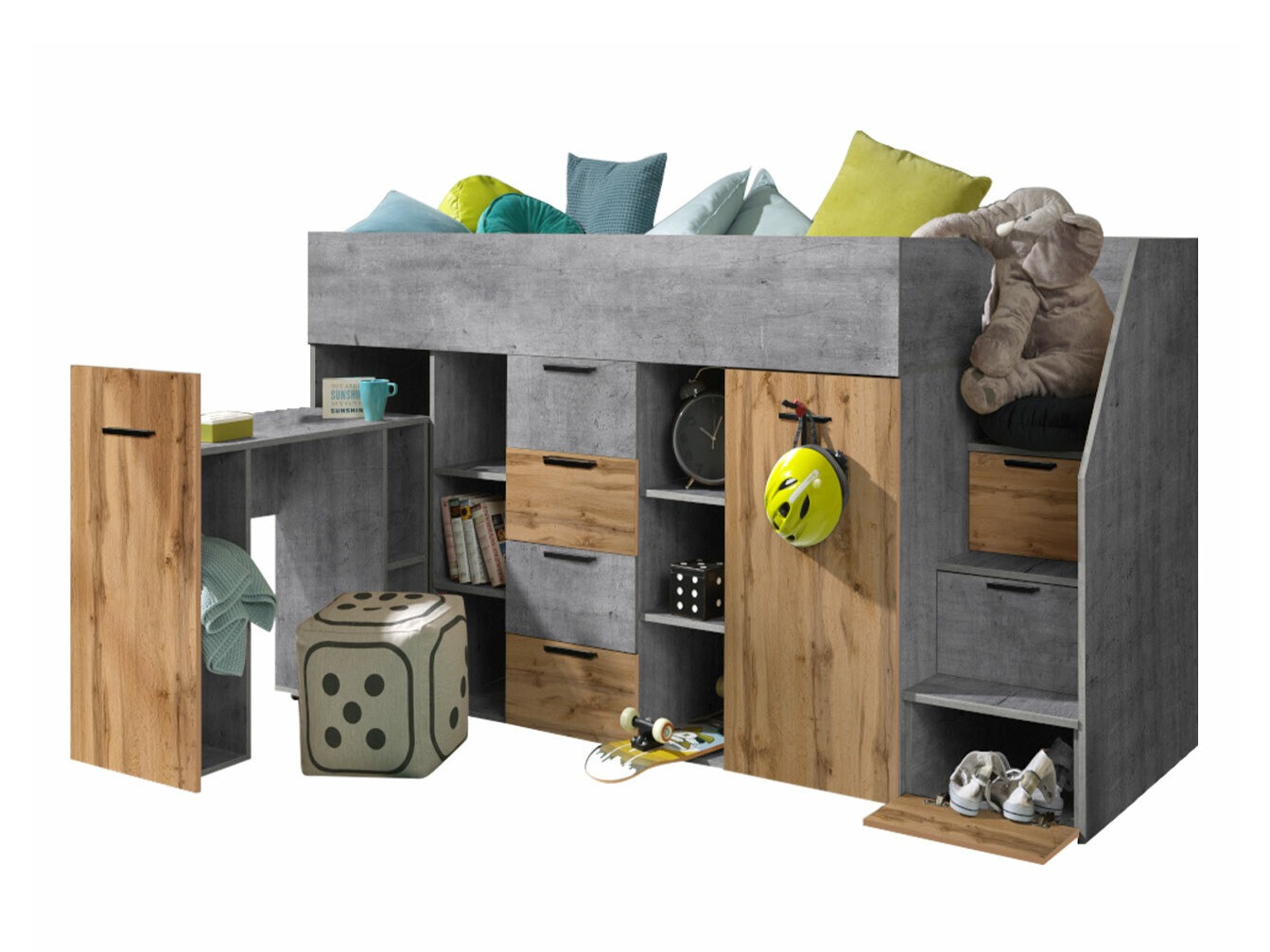 Visoki krevet Hartford 364 (Boja betona + Wotan hrast)