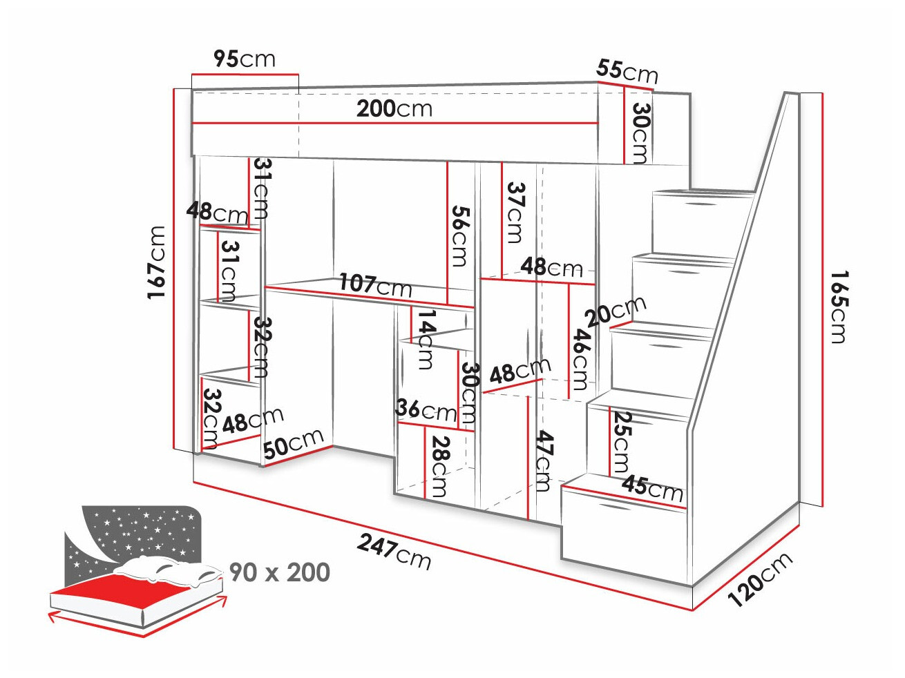 Visoki krevet Hartford 365 (Boja betona + Bijela)