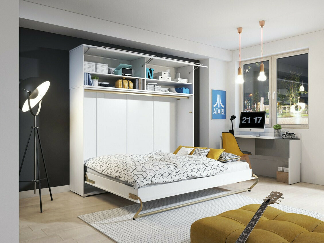 Zidni krevet Concept Pro Lenart IV (Bijela + Sjajno bijela)