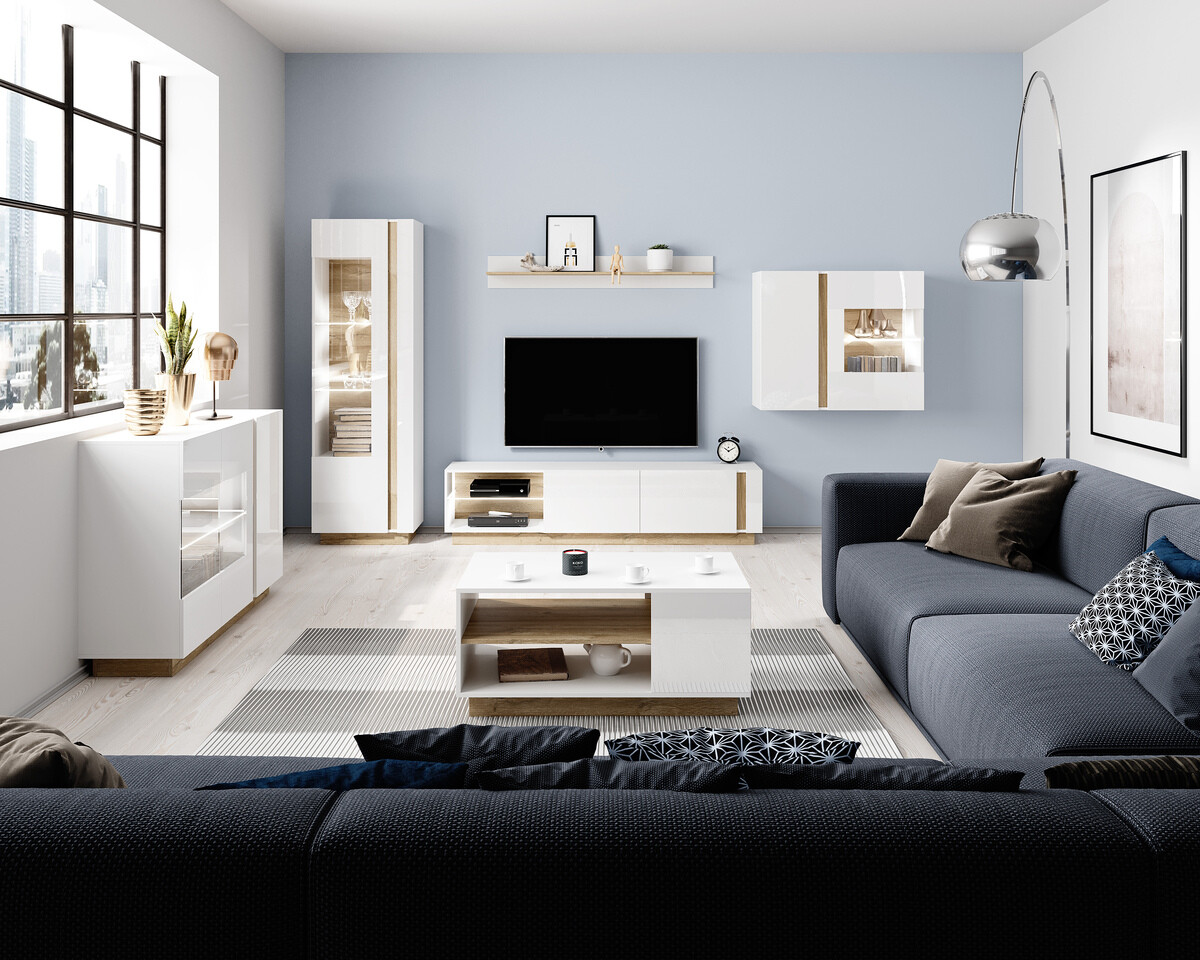 Polica Novbela 101 (Bijela + Sjajno bijela + Hrast Grandson)