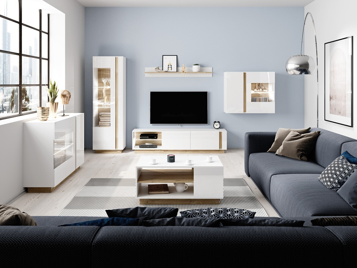 Zidna polica Novbela 112 (Bijela + Sjajno bijela + Grandson hrast)