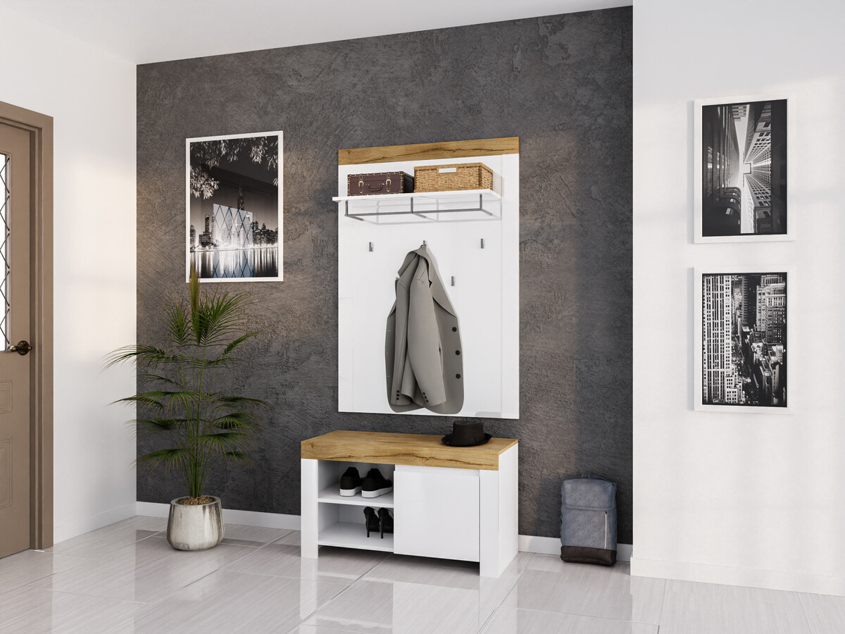 Set za hodnik Sonsoru 140 (Bijela + Sjajno bijela + Hrast Wotan)