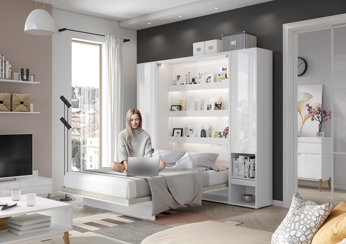 Zidni krevet Concept Pro Lenart (Bijela + Sjajno bijela)