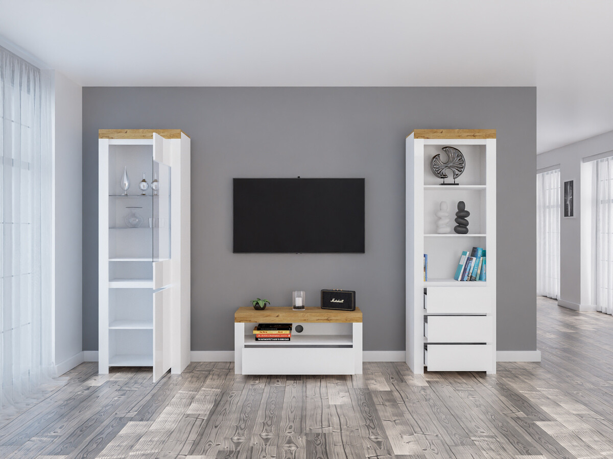 Set za dnevni boravak Sonsoru 145 (Bijela + Sjajno bijela + Hrast Wotan)