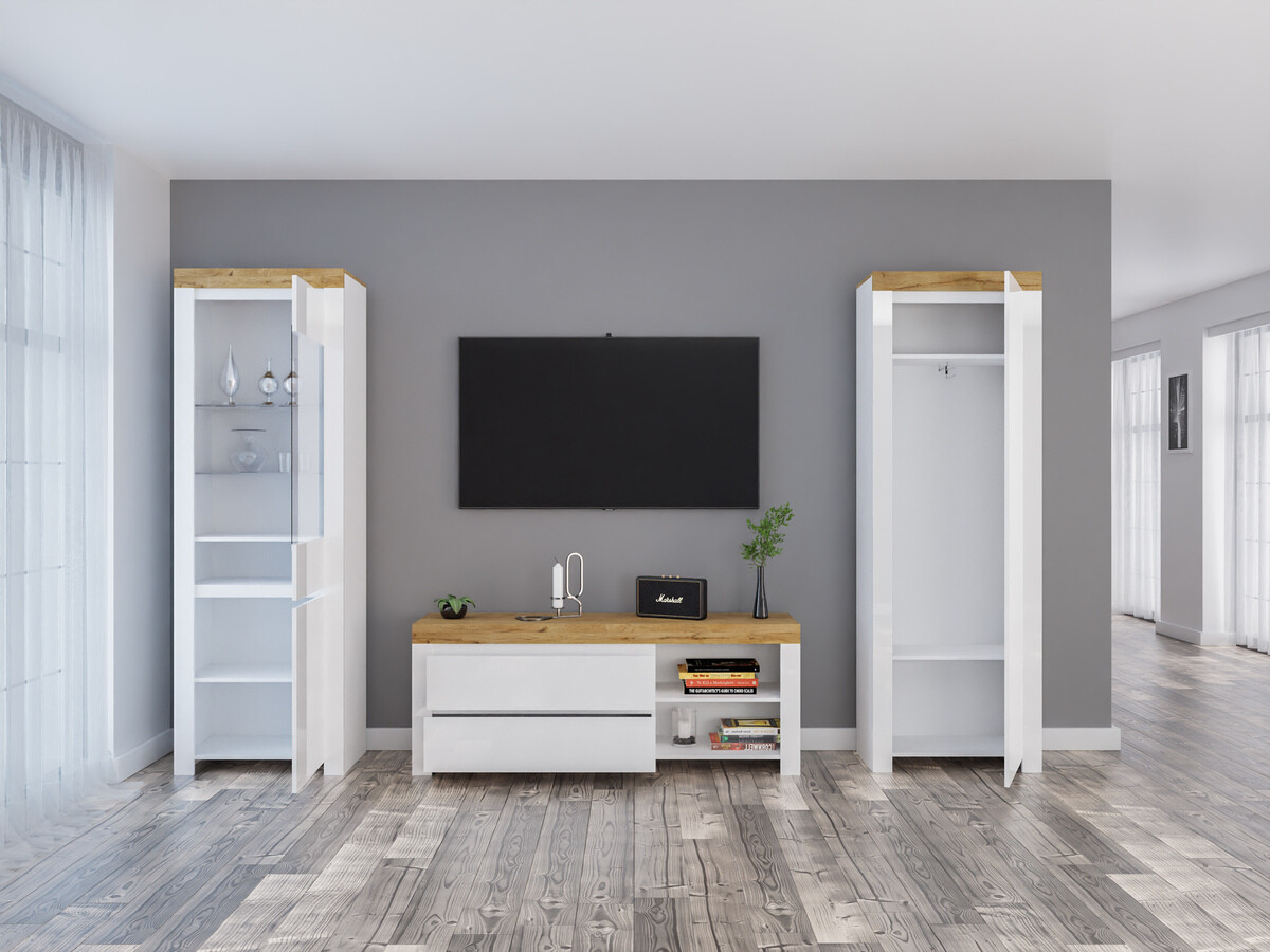 Set za dnevni boravak Sonsoru 148 (Bijela + Sjajno bijela + Hrast Wotan)