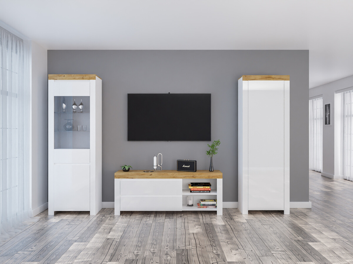 Set za dnevni boravak Sonsoru 148 (Bijela + Sjajno bijela + Hrast Wotan)