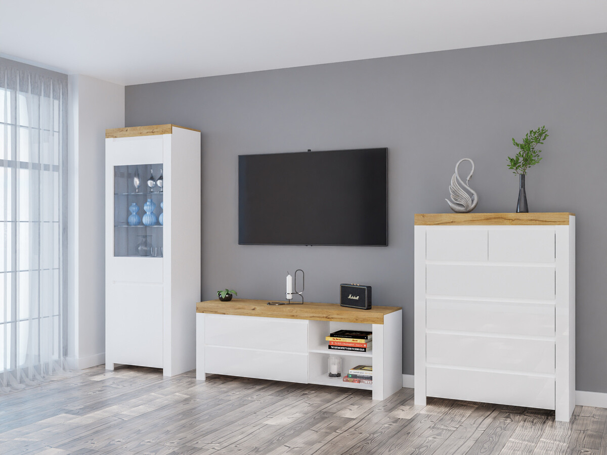 Set za dnevni boravak Sonsoru 149 (Bijela + Sjajno bijela + Hrast Wotan)