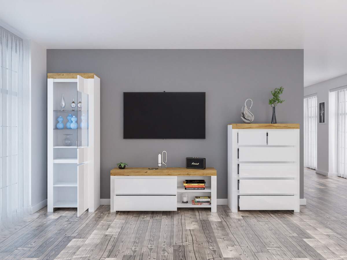 Set za dnevni boravak Sonsoru 149 (Bijela + Sjajno bijela + Hrast Wotan)