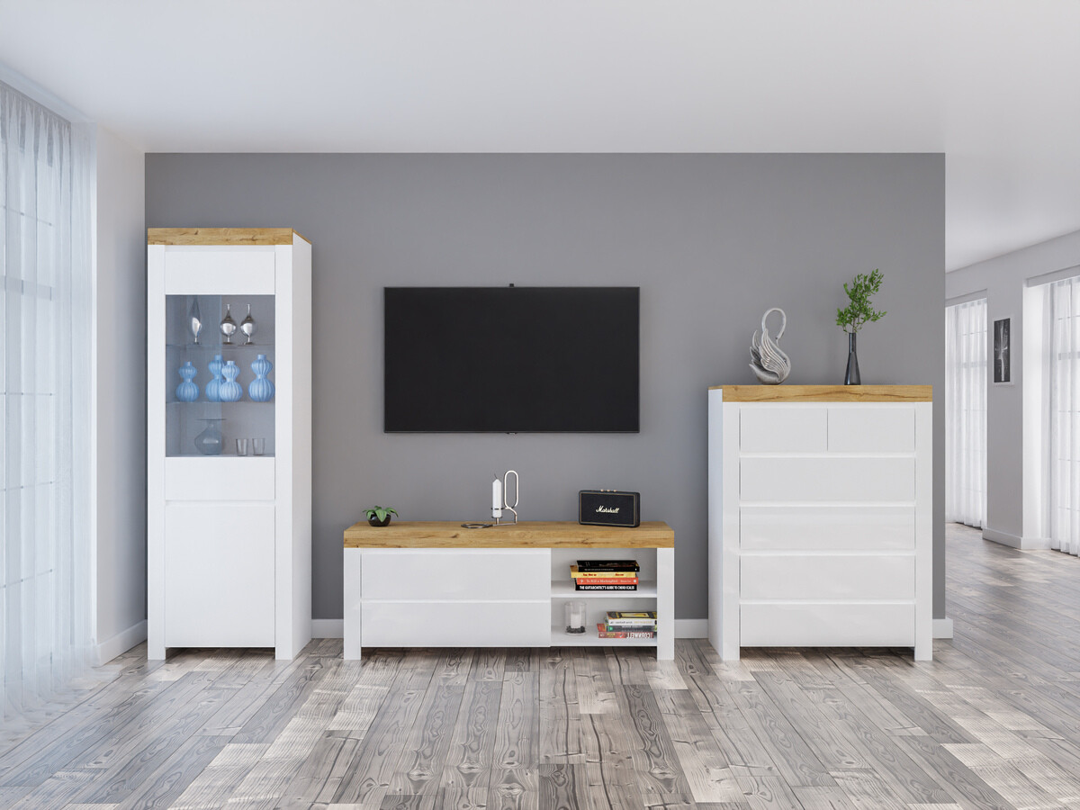 Set za dnevni boravak Sonsoru 149 (Bijela + Sjajno bijela + Hrast Wotan)