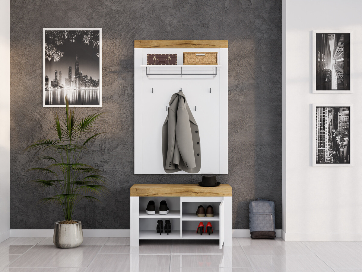 Set za hodnik Sonsoru 140 (Bijela + Sjajno bijela + Hrast Wotan)