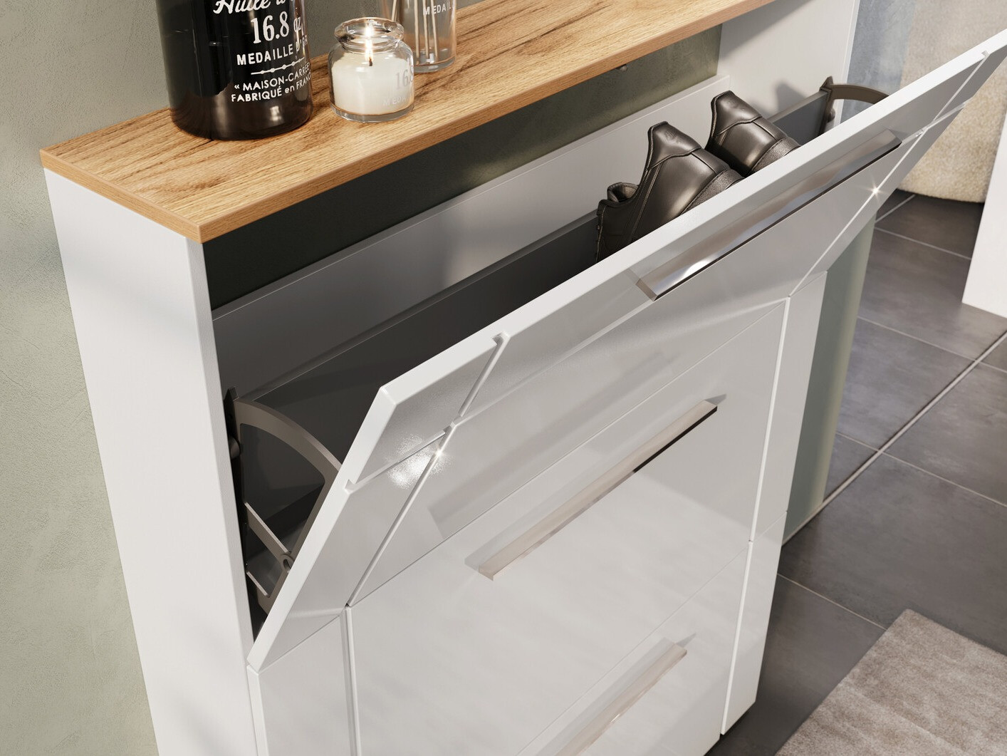 Ormarić za cipele Sacramento 404 (Sjajno bijela + Navarra hrast)