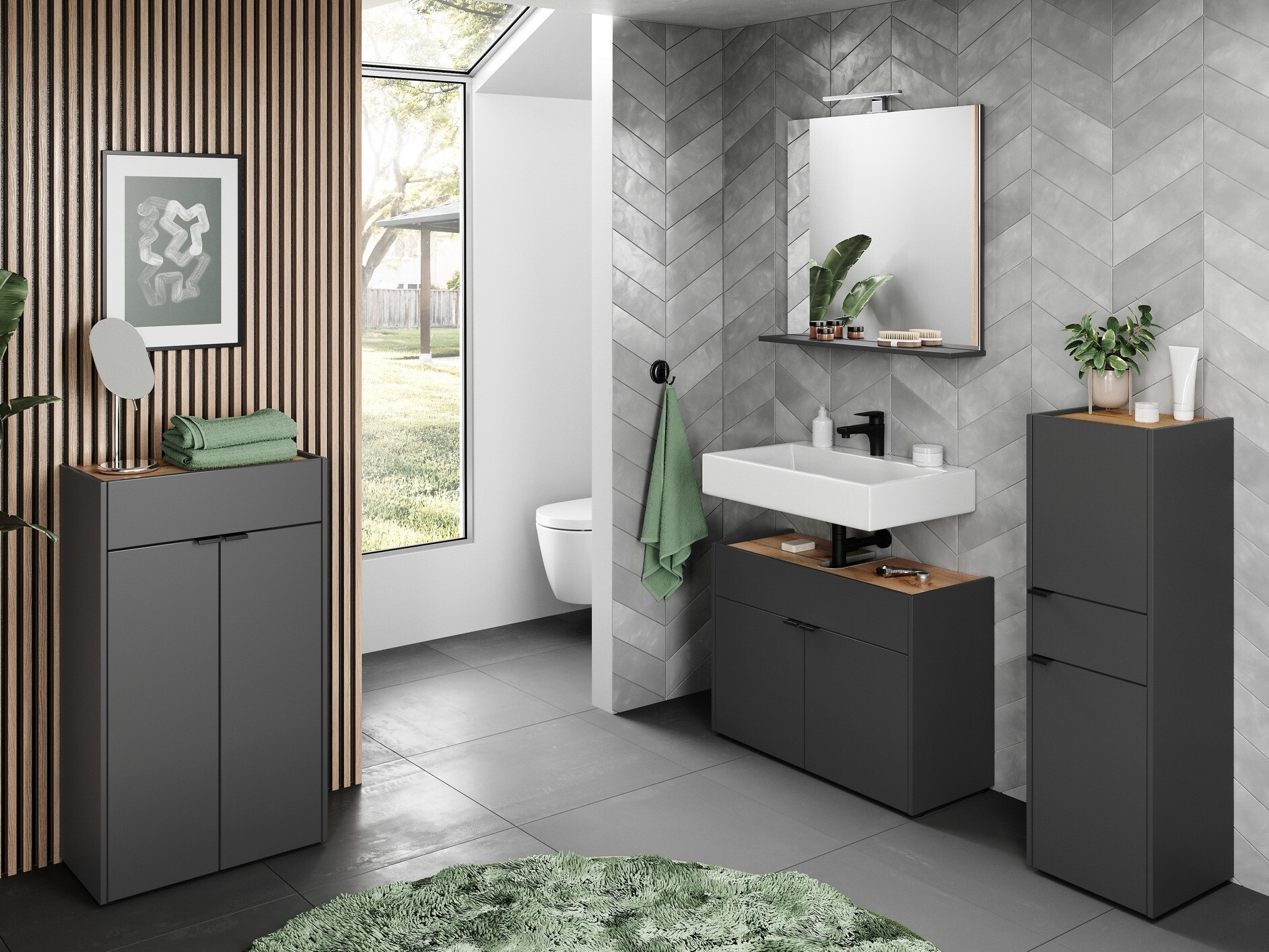 Samostojeći kupaonski ormarić za umivaonik Ventei 100 (Grafit + Navarra hrast)