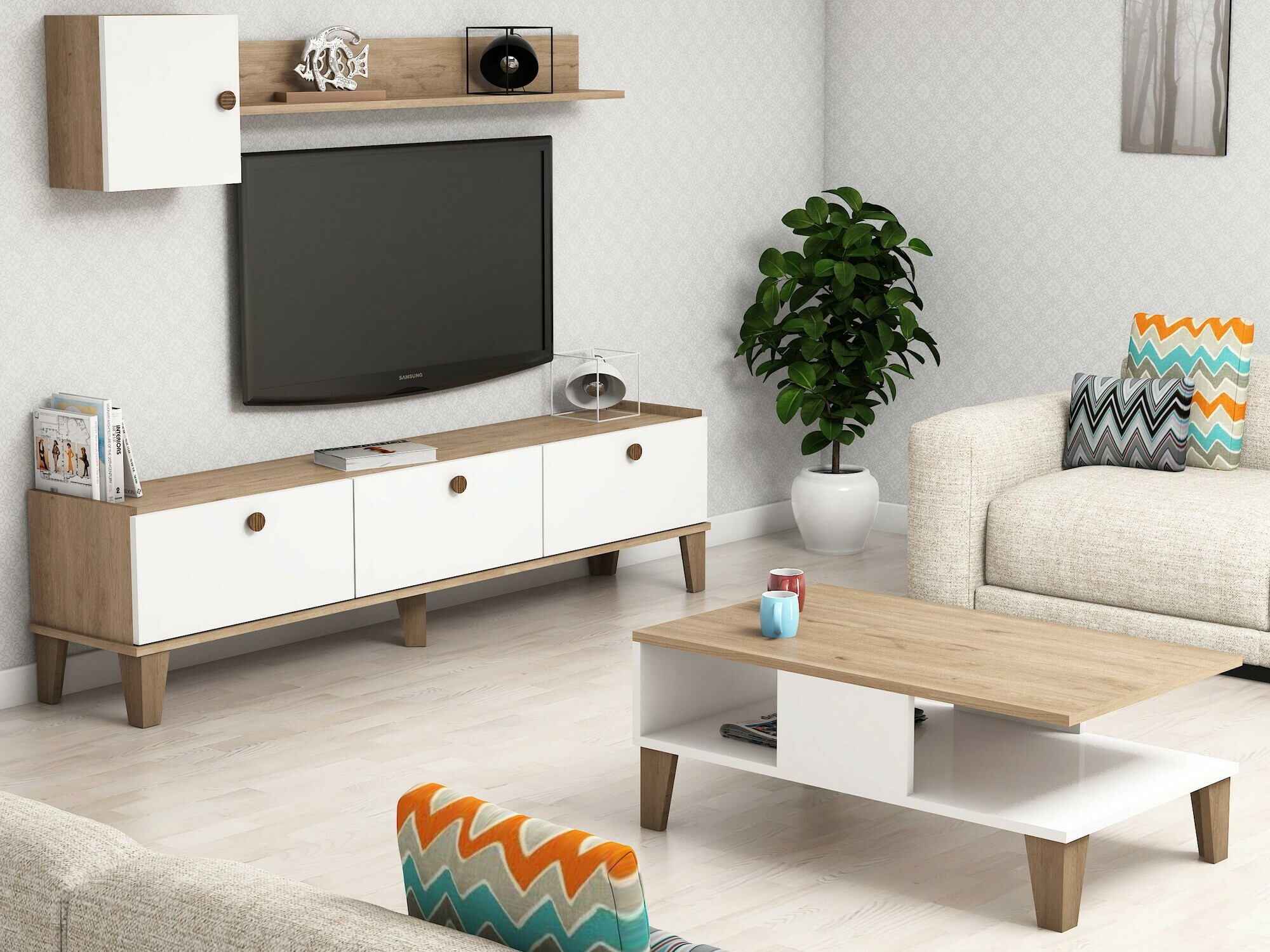 Set za dnevni boravak Kailua 723 (Hrast + Bijela)