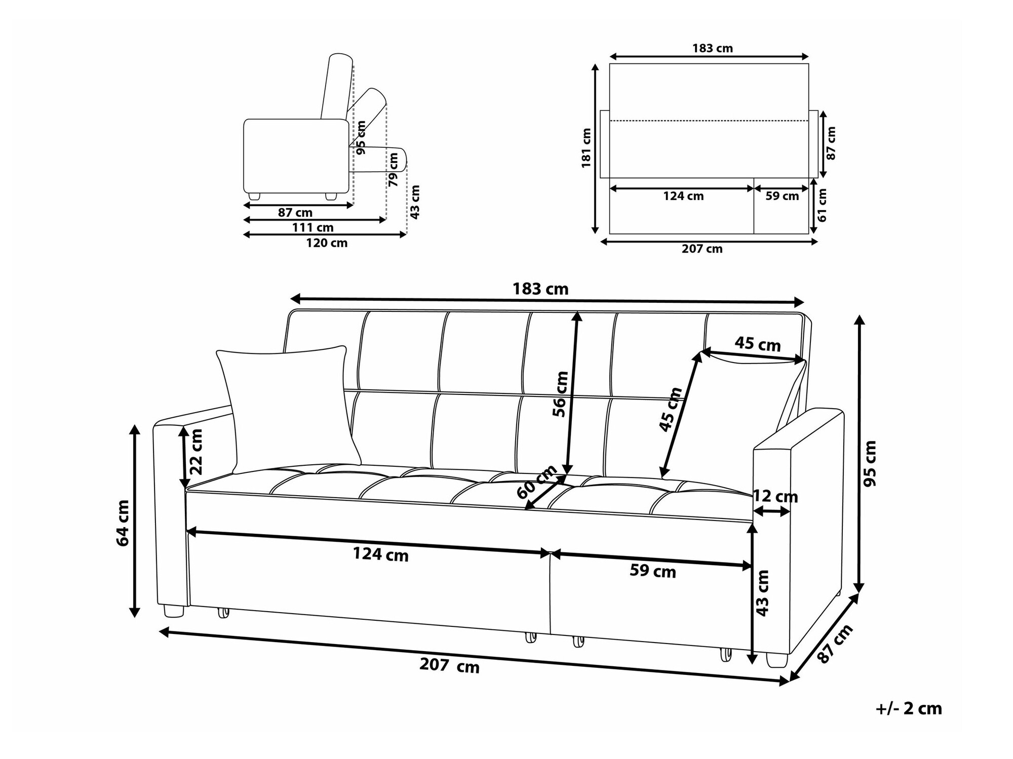 Kauč na razvlačenje Berwyn 1774 (Siva)