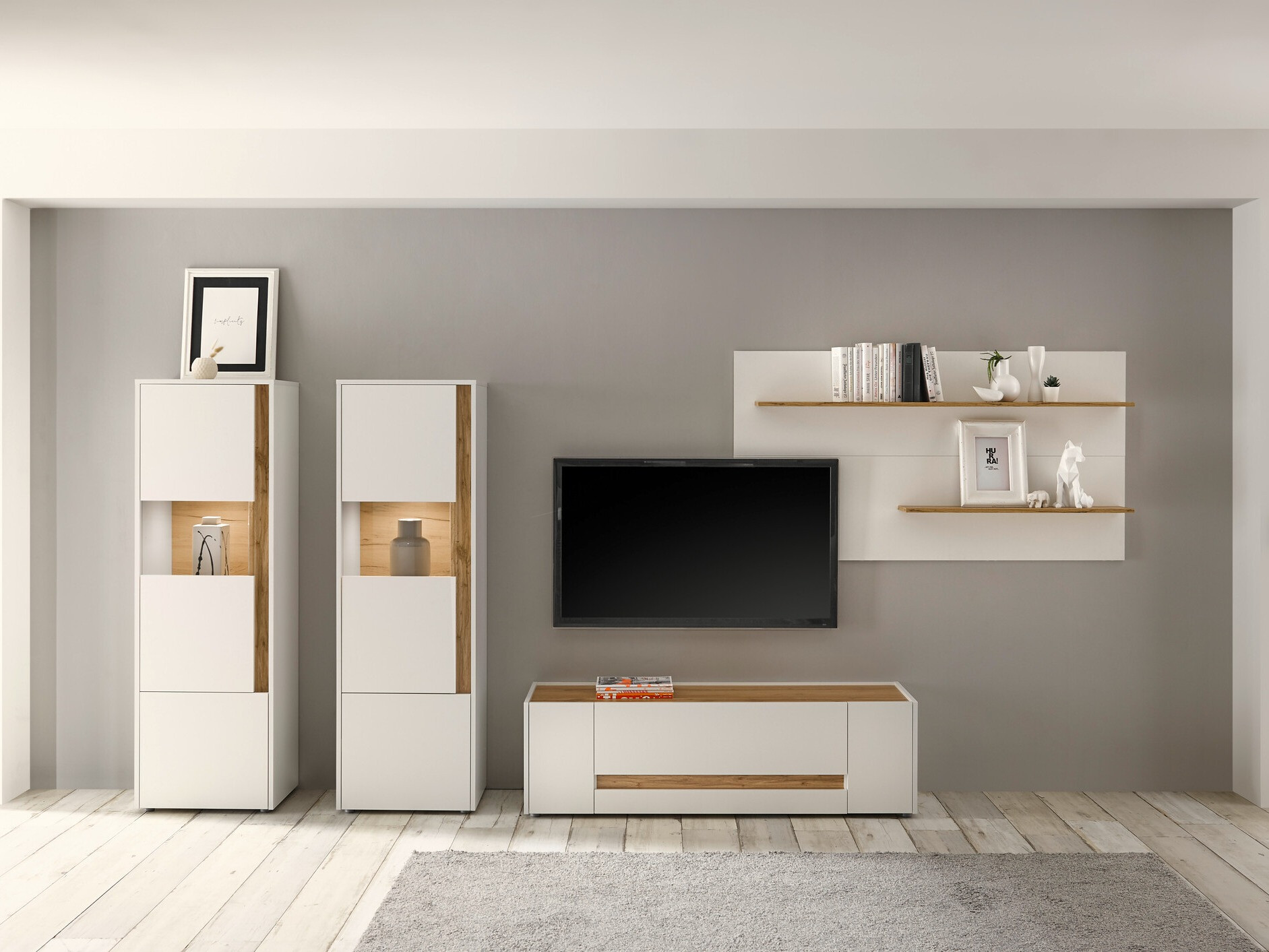 Set za dnevni boravak Elbsori 128 (Bijela + Hrast Wotan)