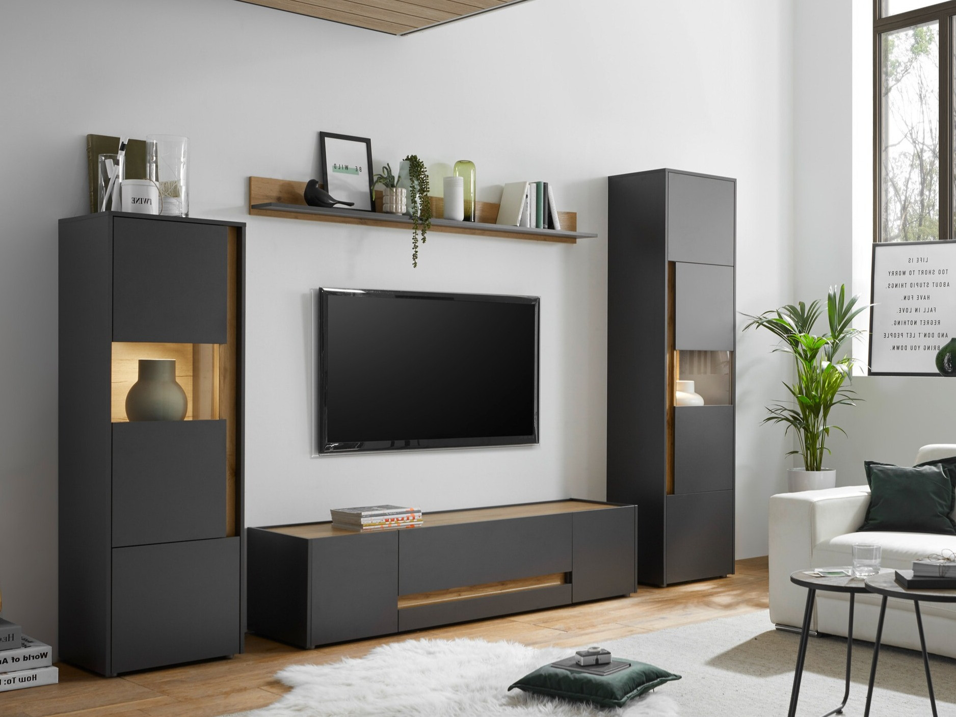 Set za dnevni boravak Elbsori 130 (Antracit + Hrast Wotan)