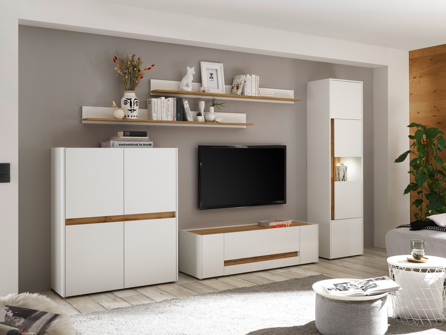 Set za dnevni boravak Elbsori 131 (Bijela + Hrast Wotan)