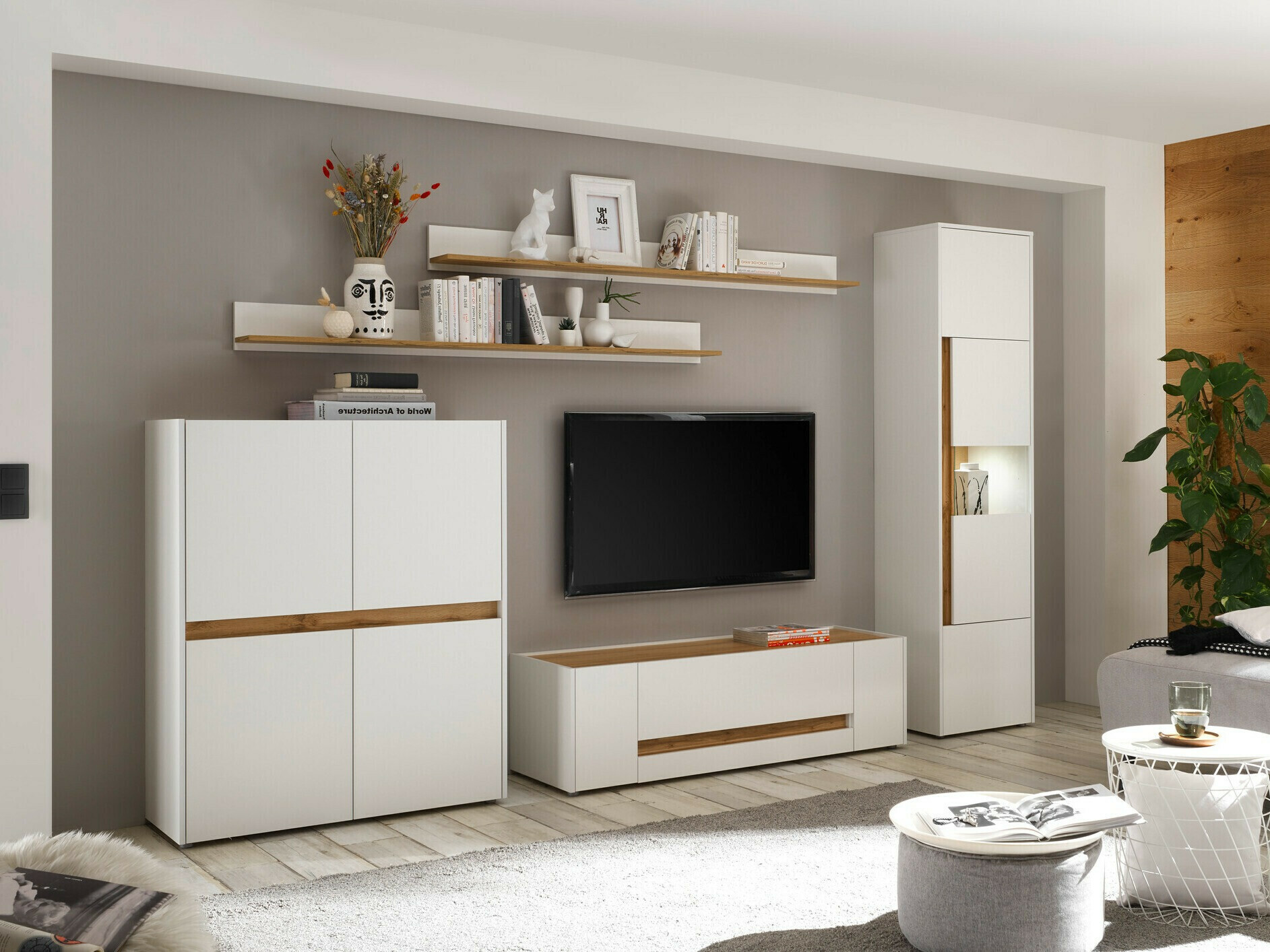 Set za dnevni boravak Elbsori 131 (Bijela + Hrast Wotan)