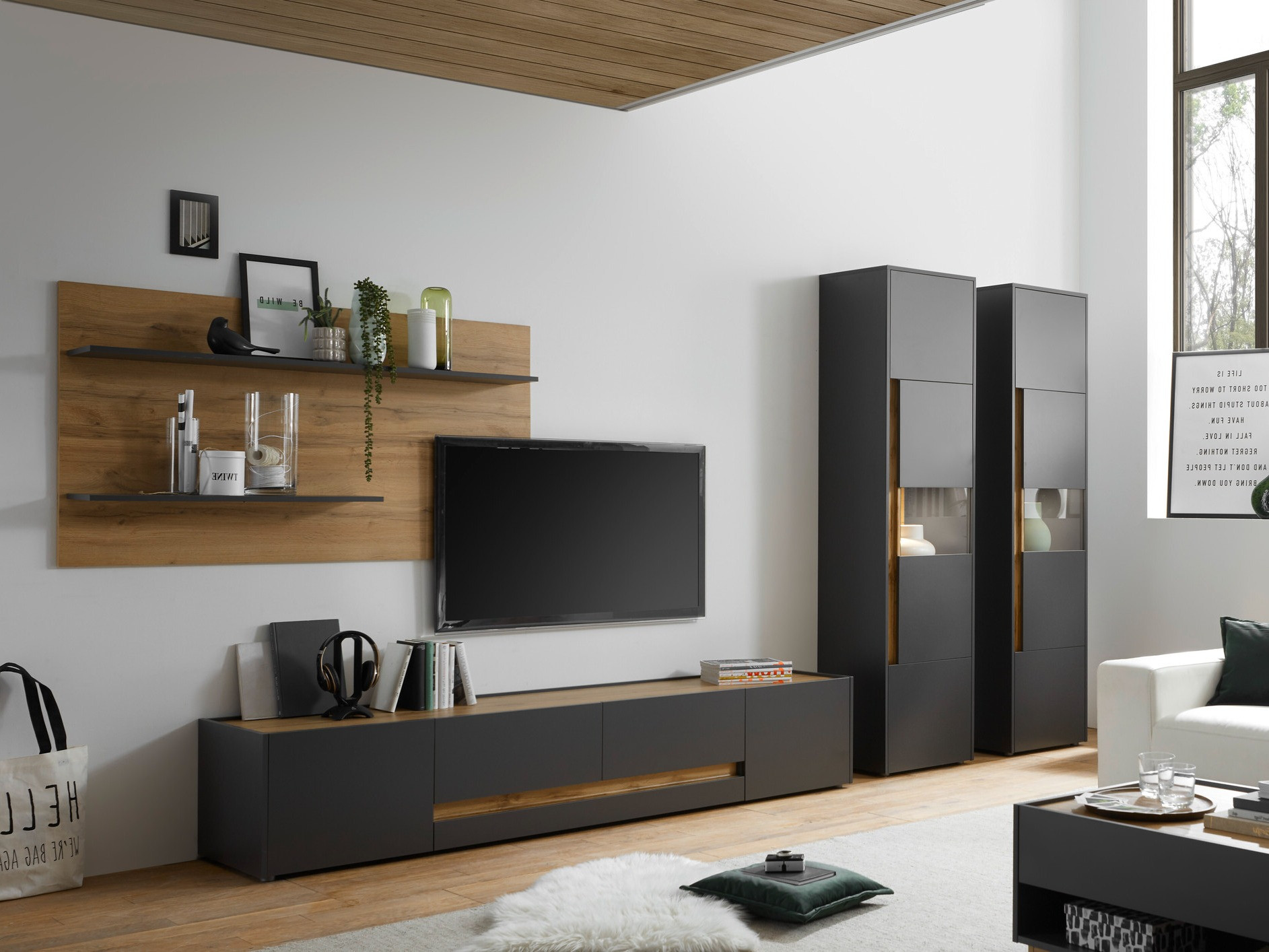 Set za dnevni boravak Elbsori 132 (Antracit + Hrast Wotan)