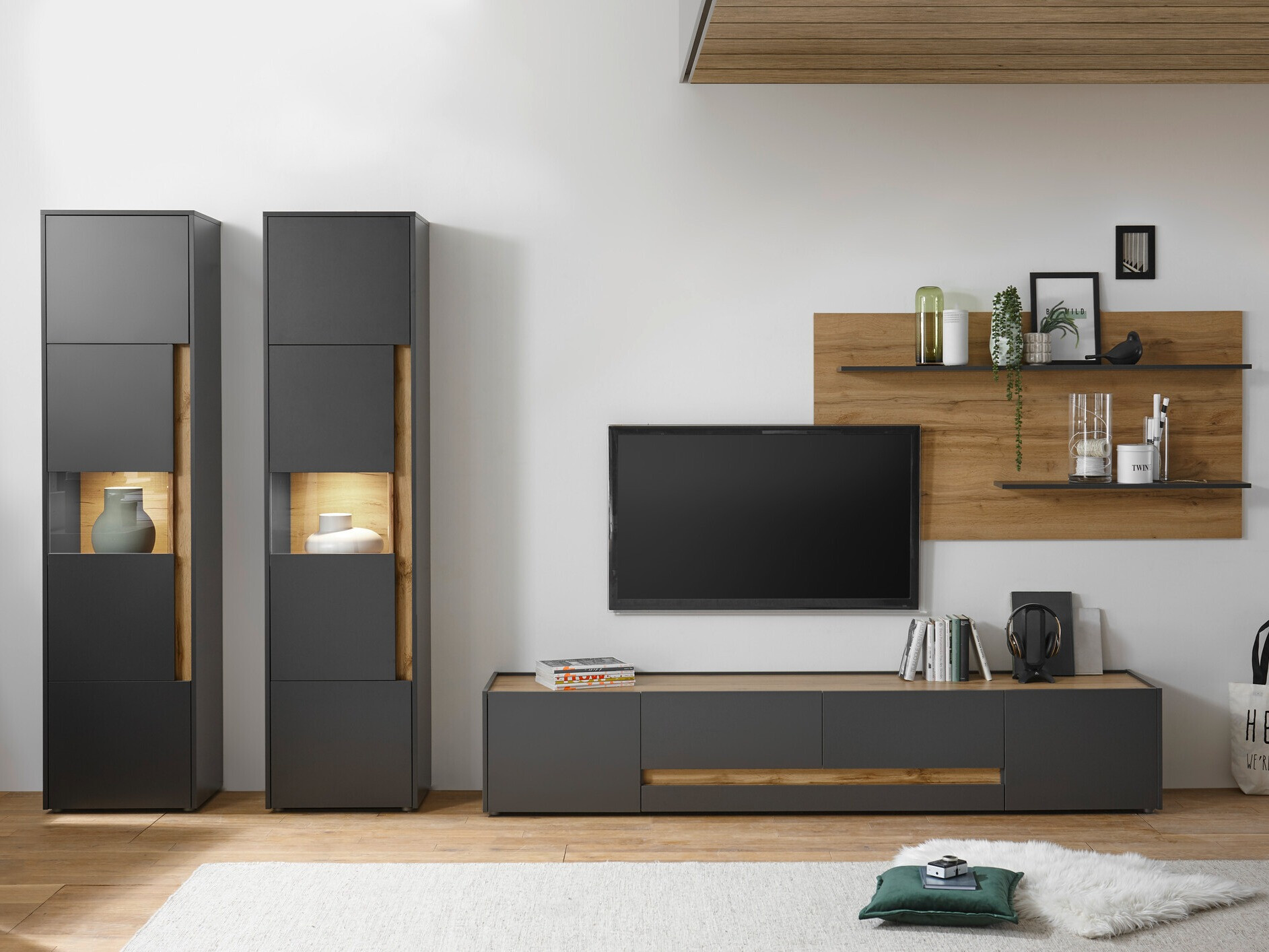 Set za dnevni boravak Elbsori 132 (Antracit + Hrast Wotan)