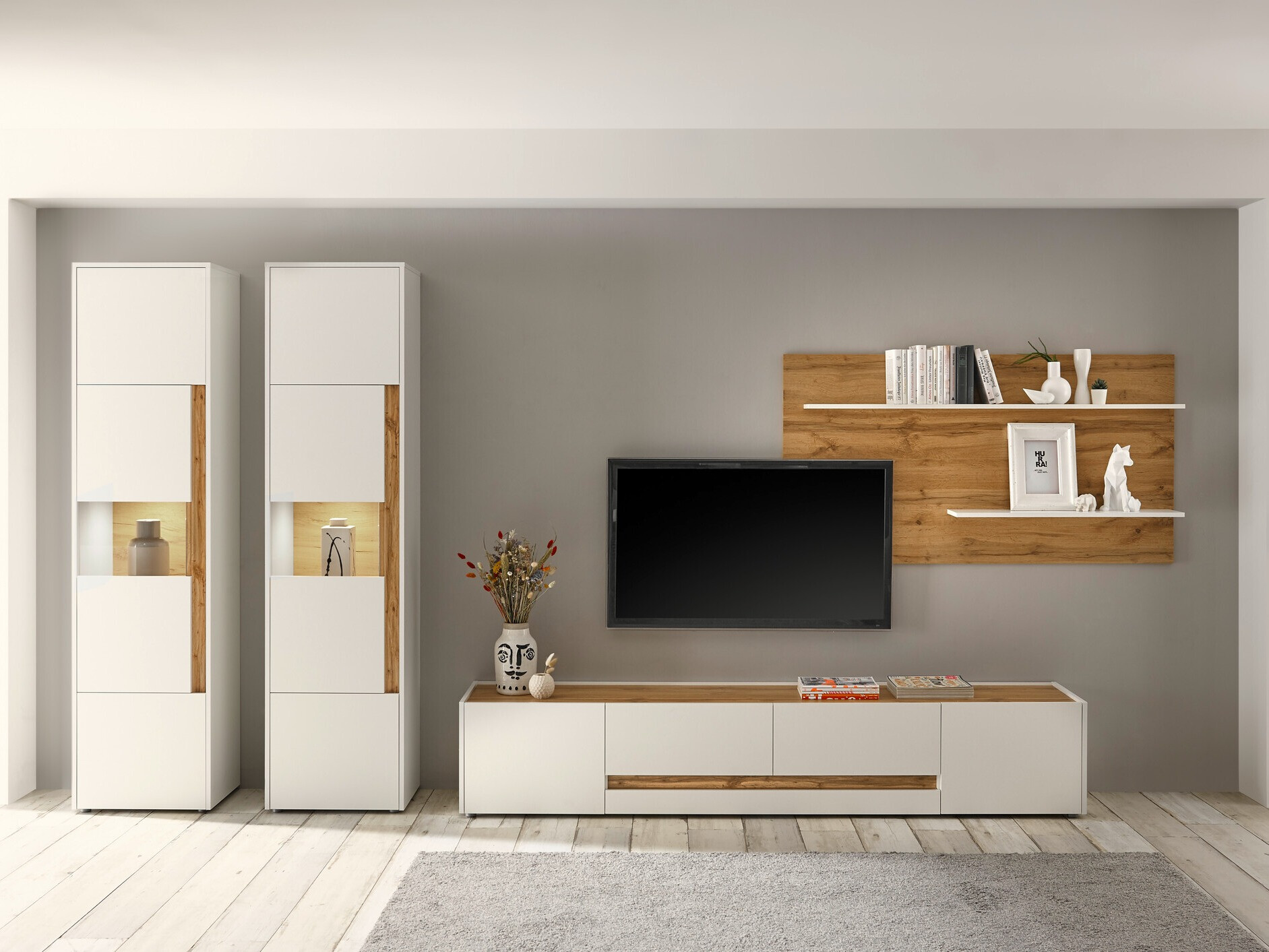 Set za dnevni boravak Elbsori 132 (Bijela + Hrast Wotan)