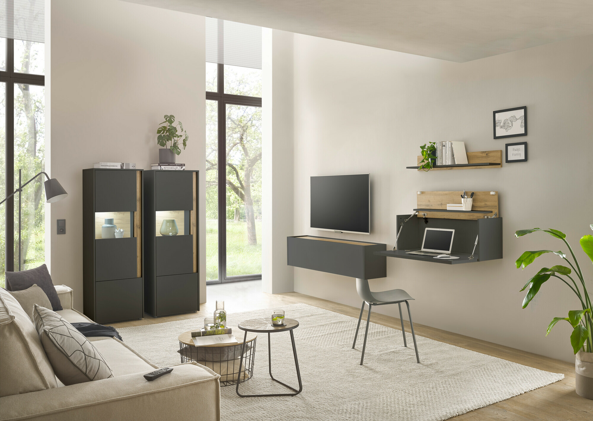 Set za dnevni boravak Elbsori 136 (Antracit + Hrast Wotan)