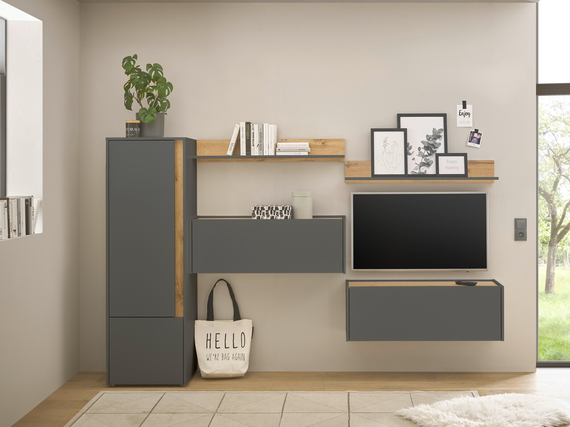 Set za dnevni boravak Elbsori 138 (Antracit + Hrast Wotan)