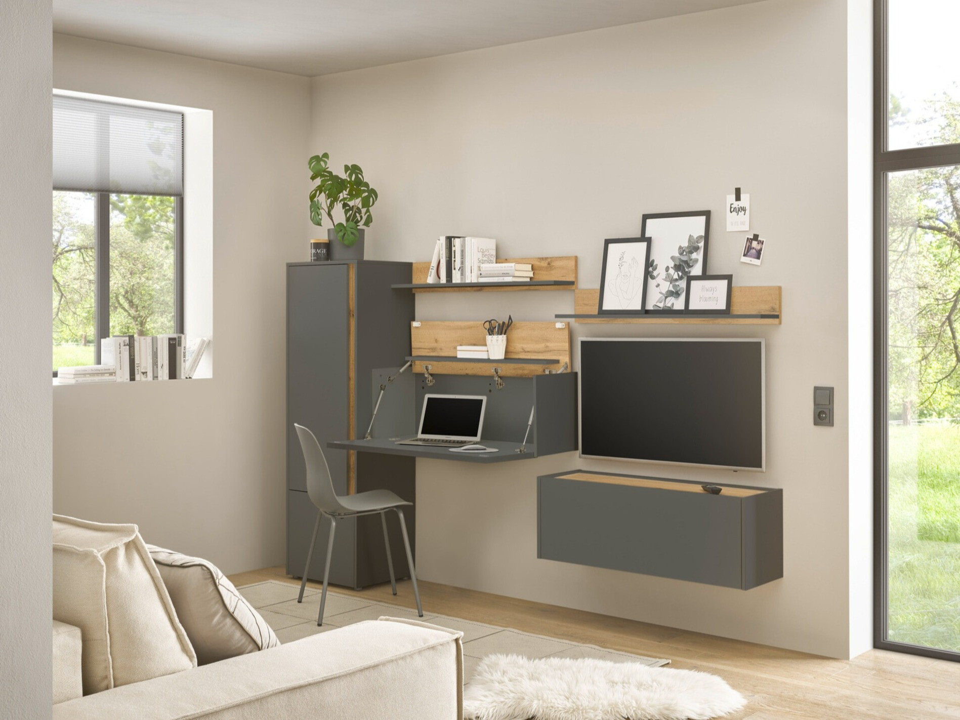 Set za dnevni boravak Elbsori 138 (Antracit + Hrast Wotan)