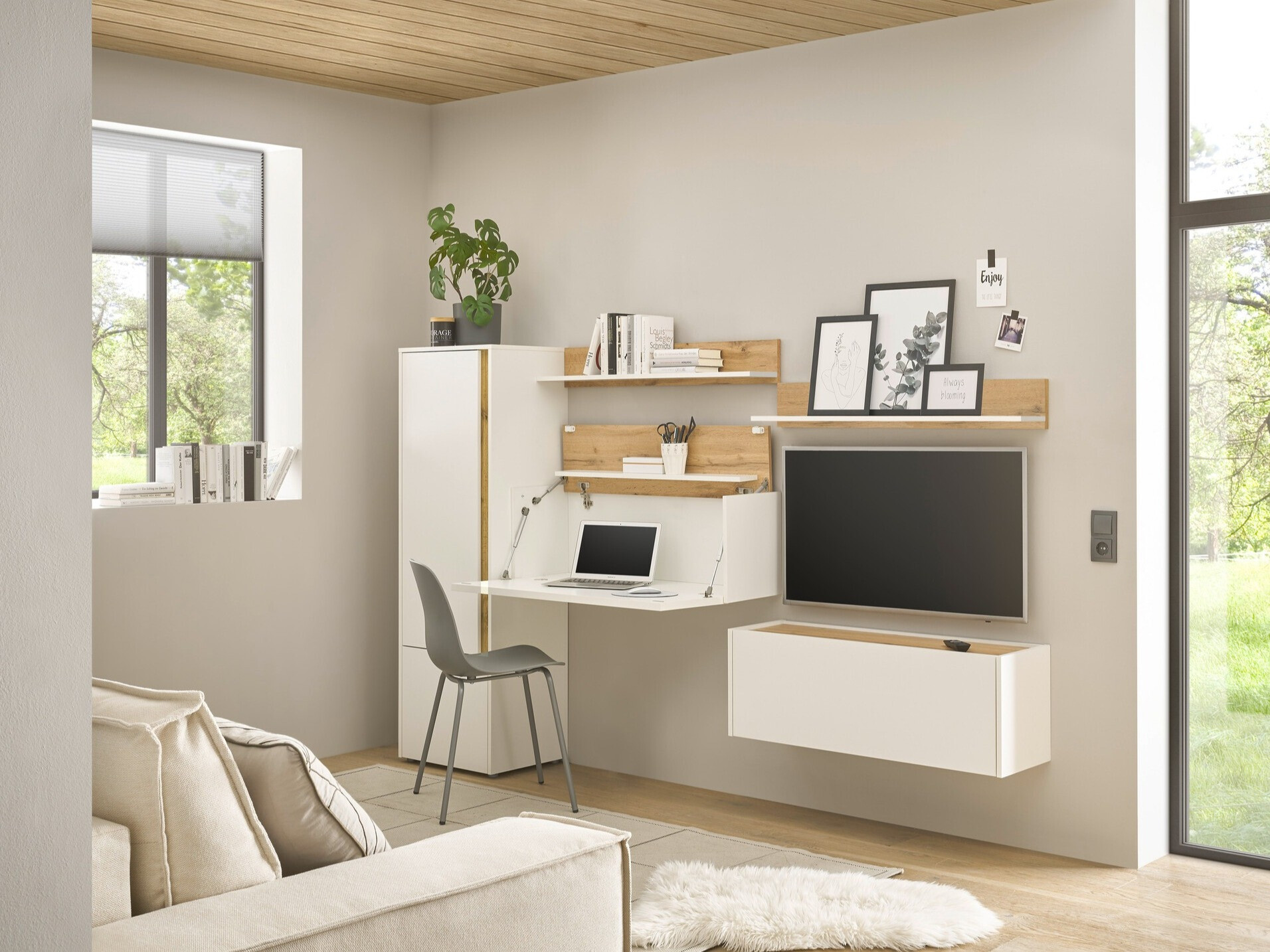 Set za dnevni boravak Elbsori 138 (Bijela + Hrast Wotan)