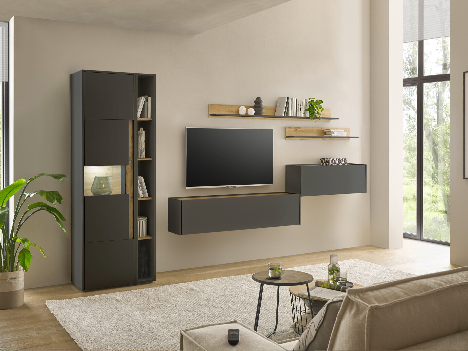 Set za dnevni boravak Elbsori 140 (Antracit + Hrast Wotan)
