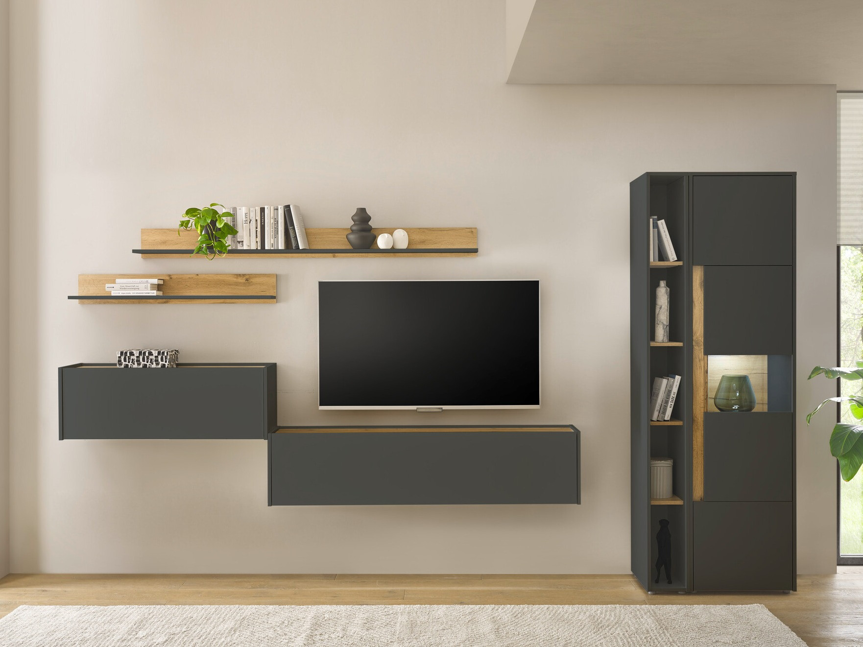 Set za dnevni boravak Elbsori 140 (Antracit + Hrast Wotan)