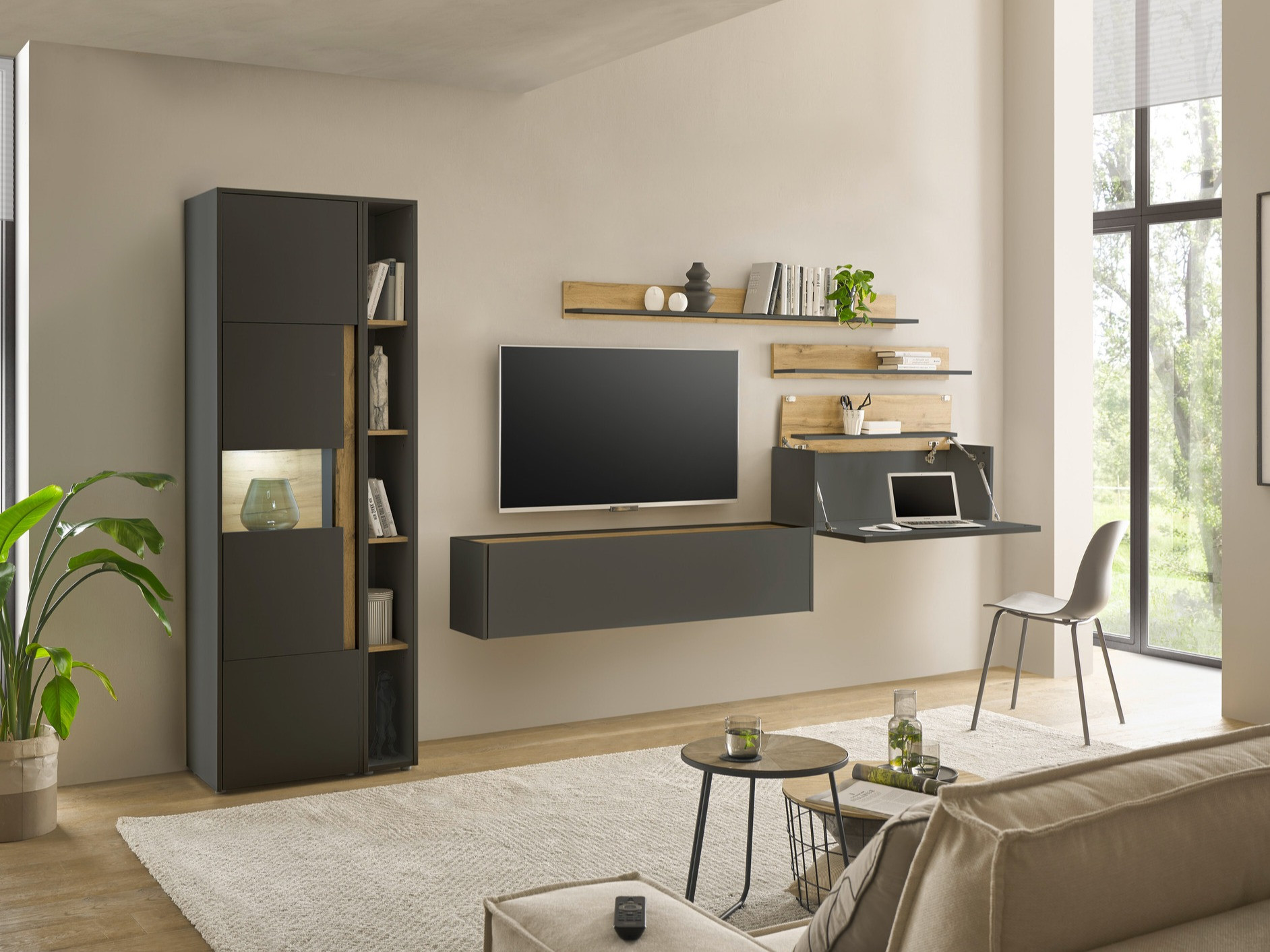 Set za dnevni boravak Elbsori 140 (Antracit + Hrast Wotan)