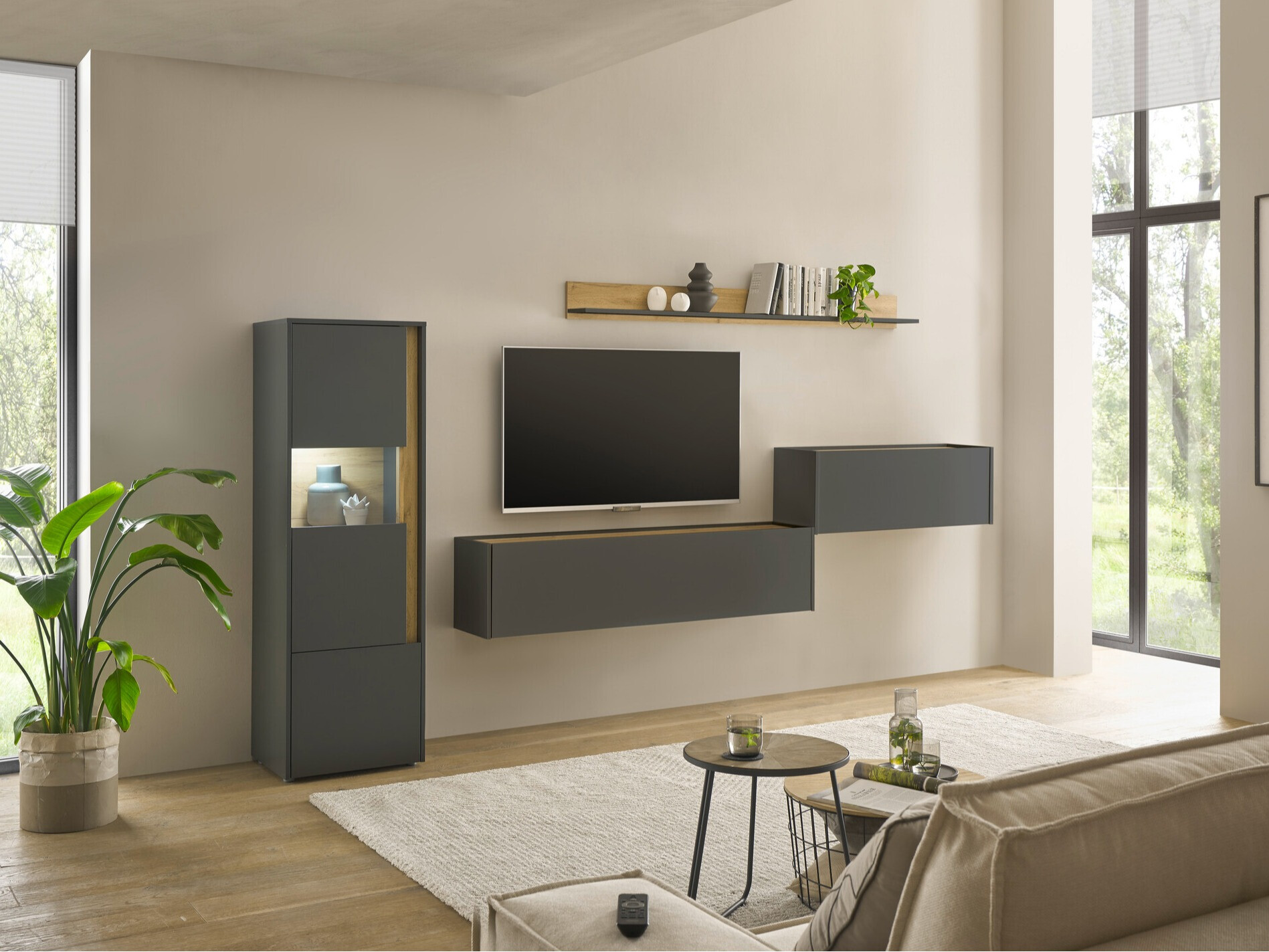 Set za dnevni boravak Elbsori 141 (Antracit + Hrast Wotan)