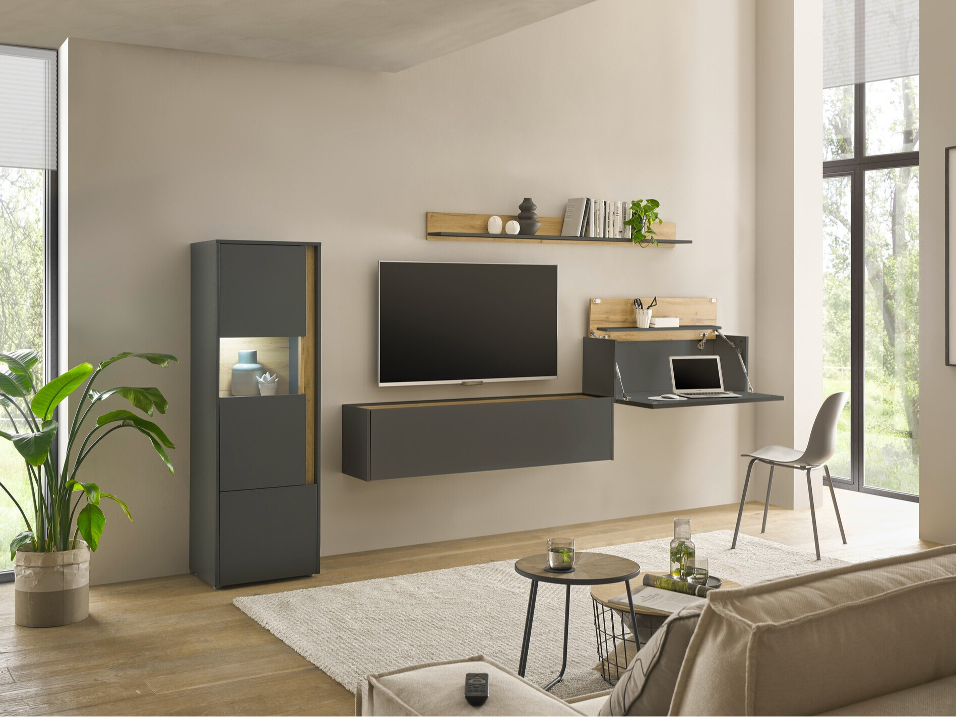 Set za dnevni boravak Elbsori 141 (Antracit + Hrast Wotan)