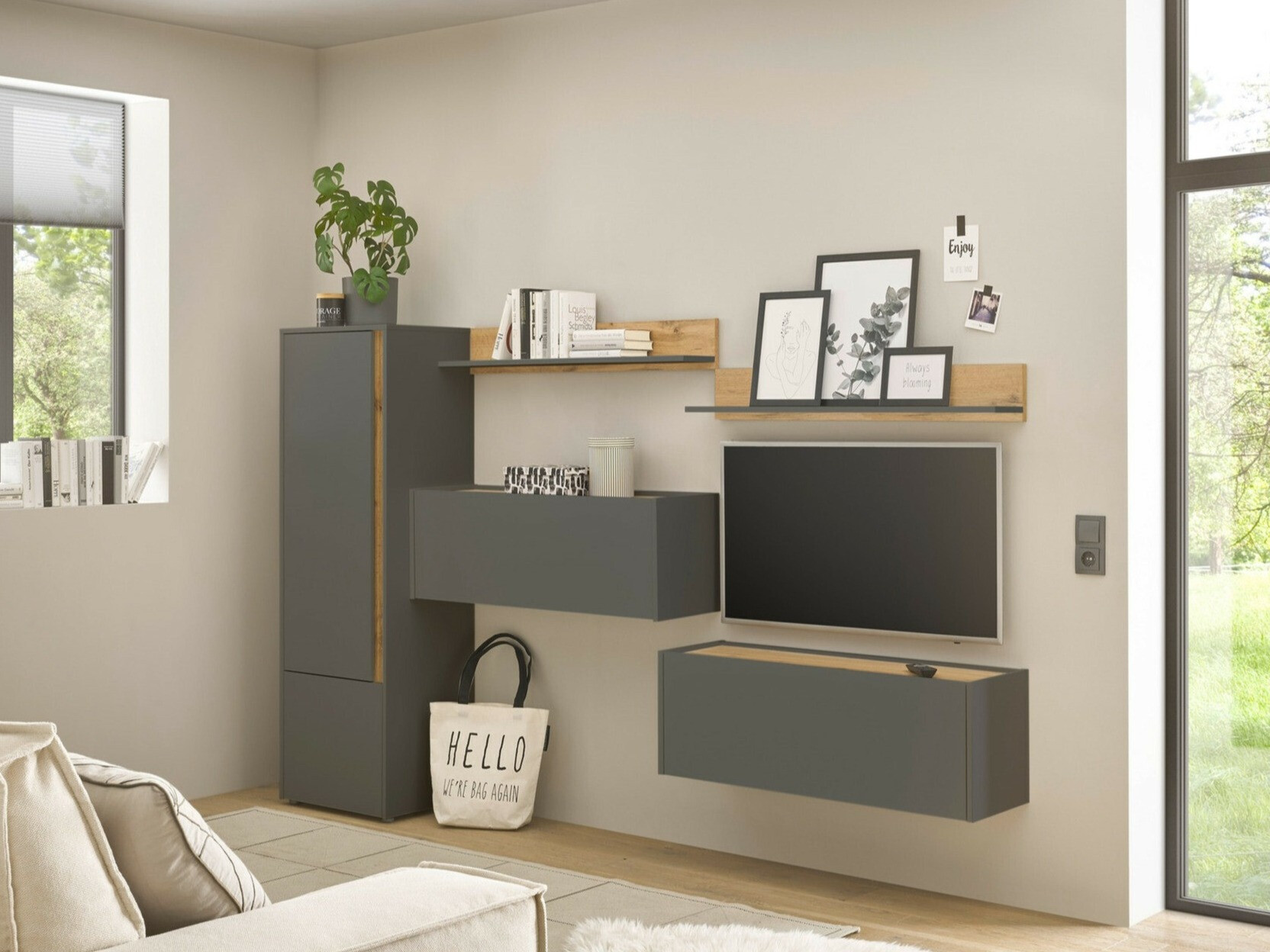 Set za dnevni boravak Elbsori 138 (Antracit + Hrast Wotan)