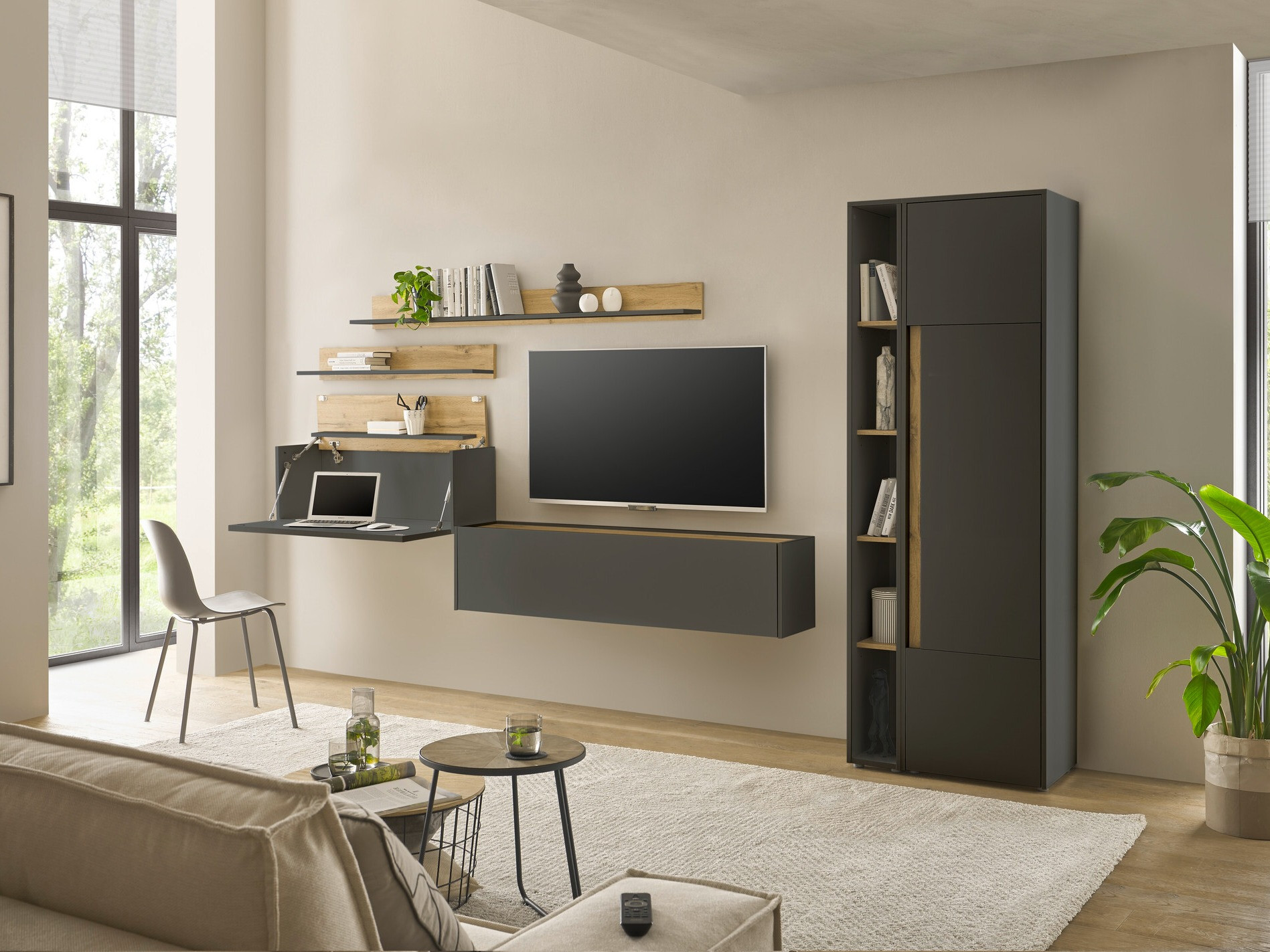 Set za dnevni boravak Elbsori 145 (Antracit + Hrast Wotan)