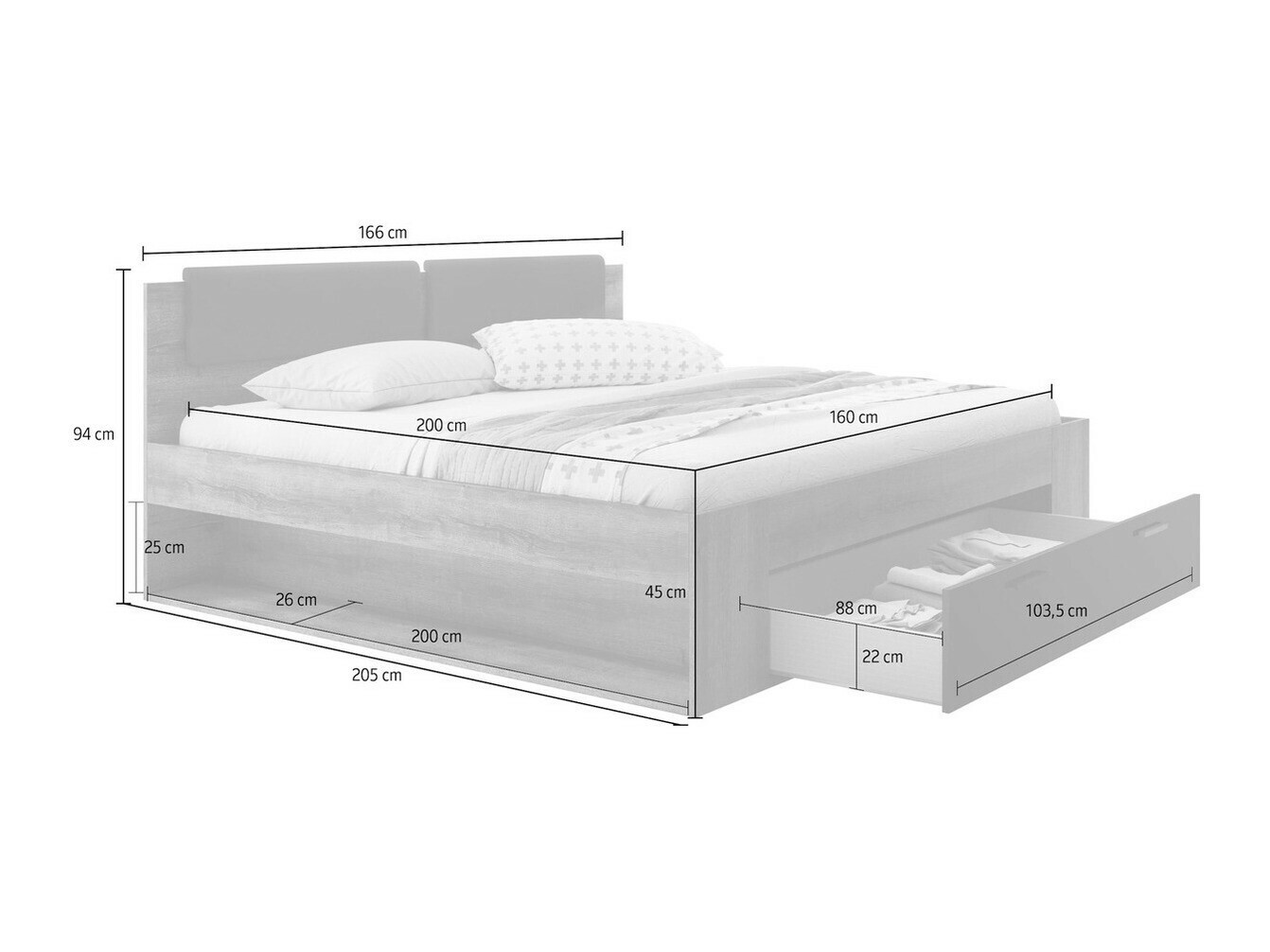 Krevet Levruvu 106 (Hrast Monastery + Sjajno crna)